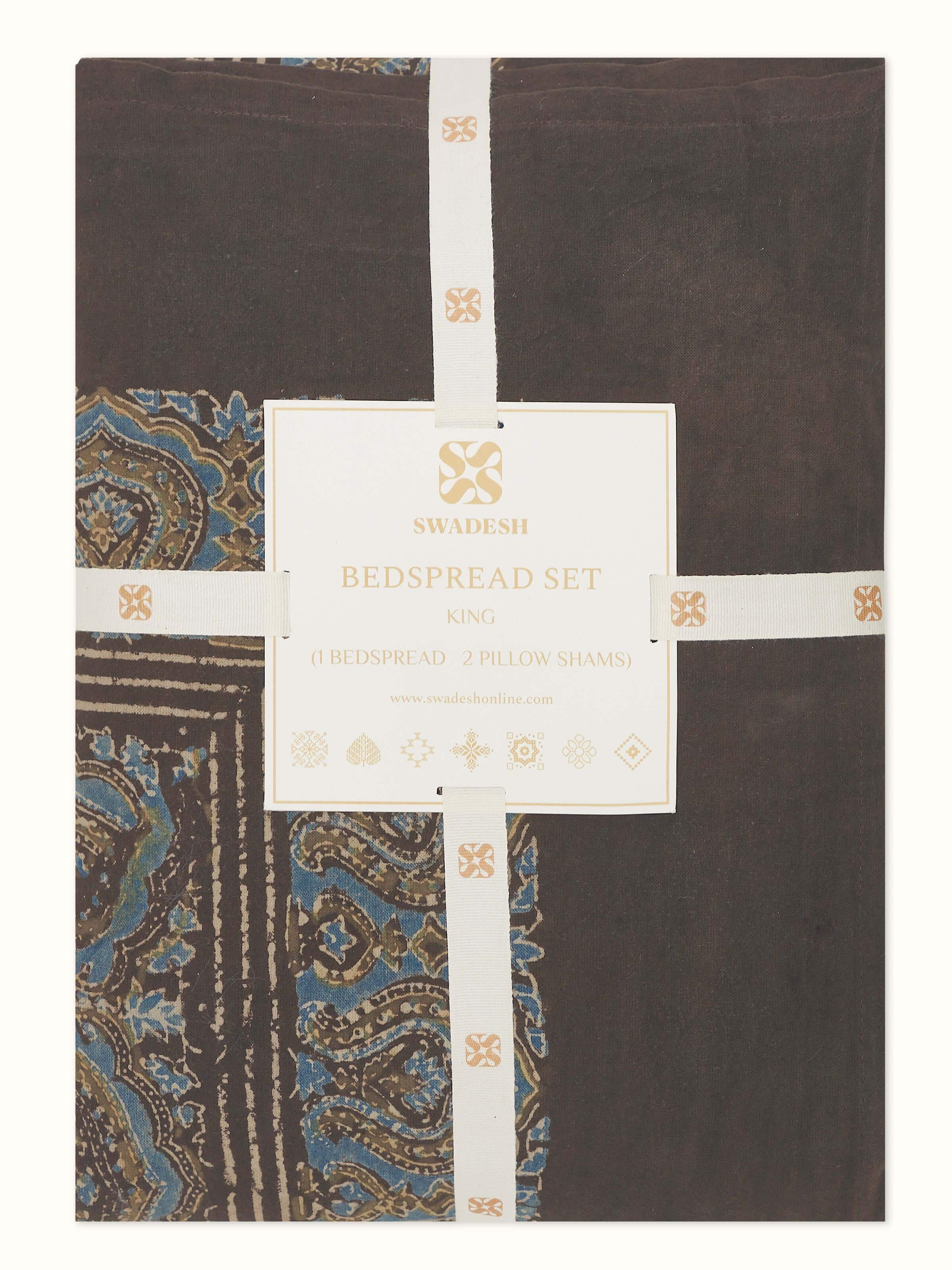 Close-up view of Sindh dark brown jaal cotton Ajrakh block printed king bedspread set (3 pcs) highlighting the Ajrakh print and cotton texture.