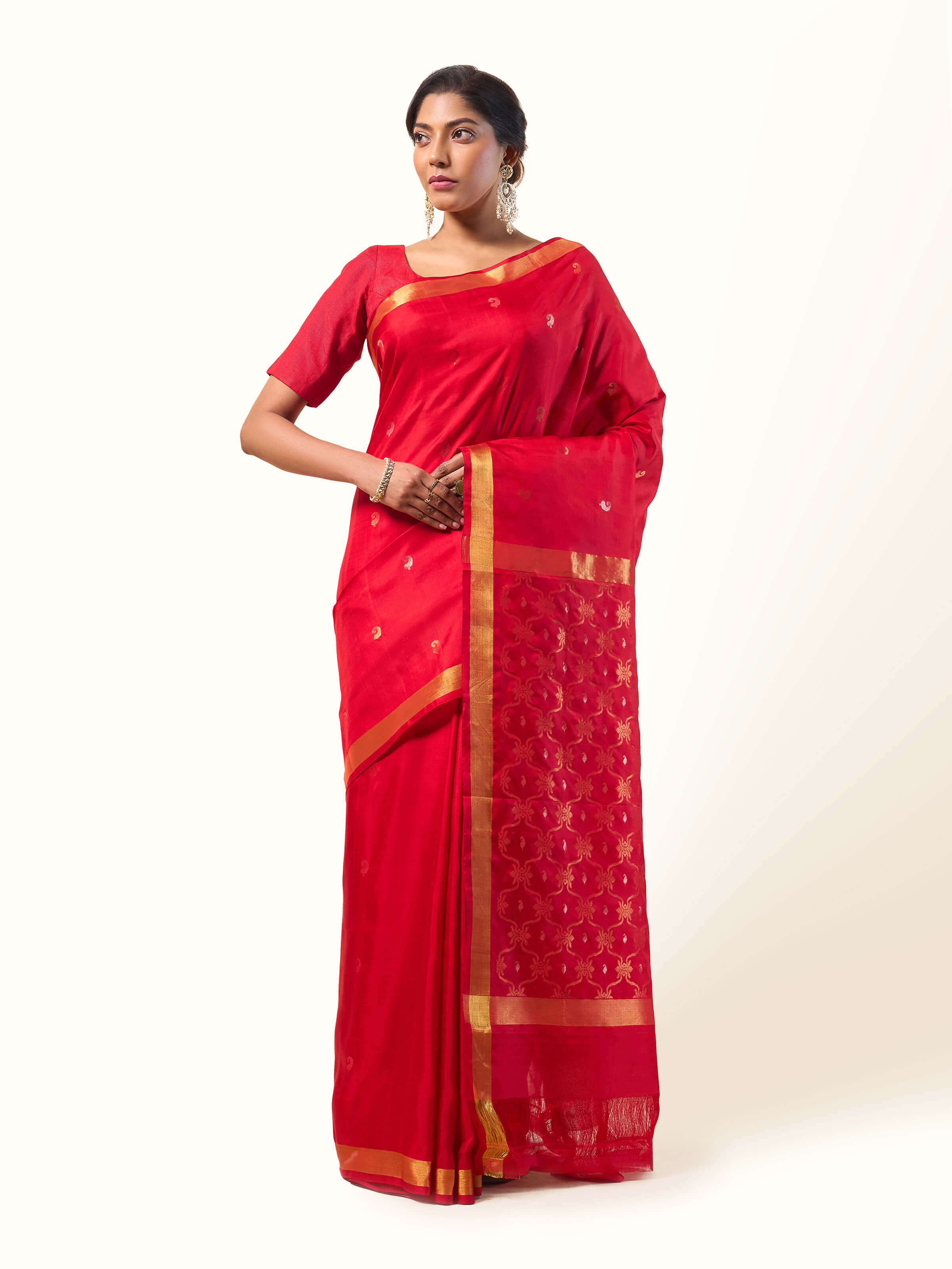 Front view of red Mulberry silk Uppada Jamdani saree with intricate handwoven mot