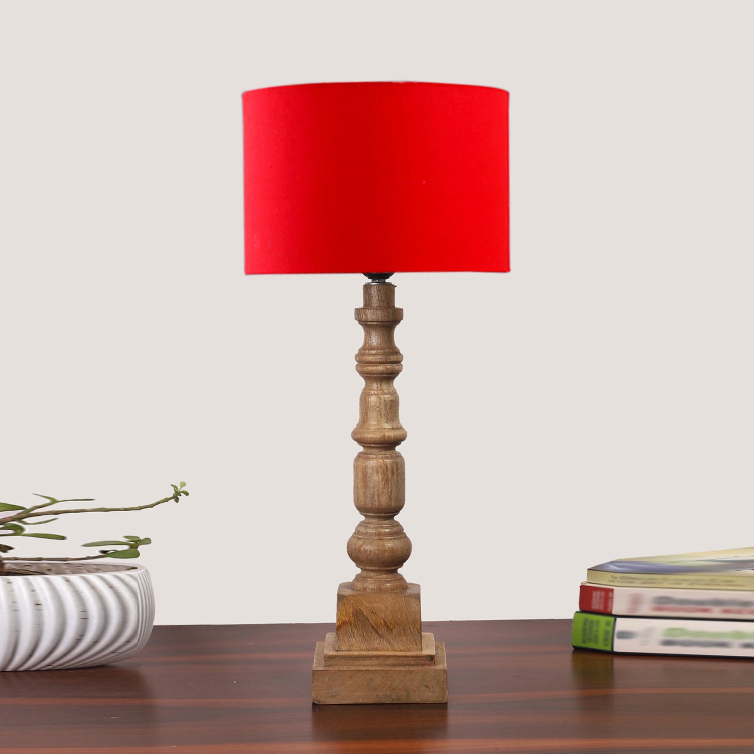 Devansh Red Cotton Table Lamp With  Wood Natural Base (7X7X21.25 Inches)-4 - Devansh
