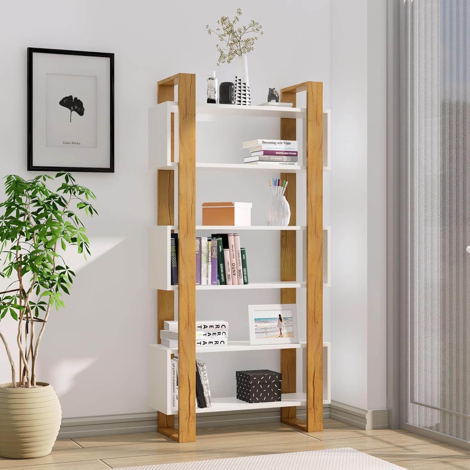 Hexa Engineered Wood Bookshelf Multipurpose Storage Rack in Giant Wood and Frosty White - HexaRed