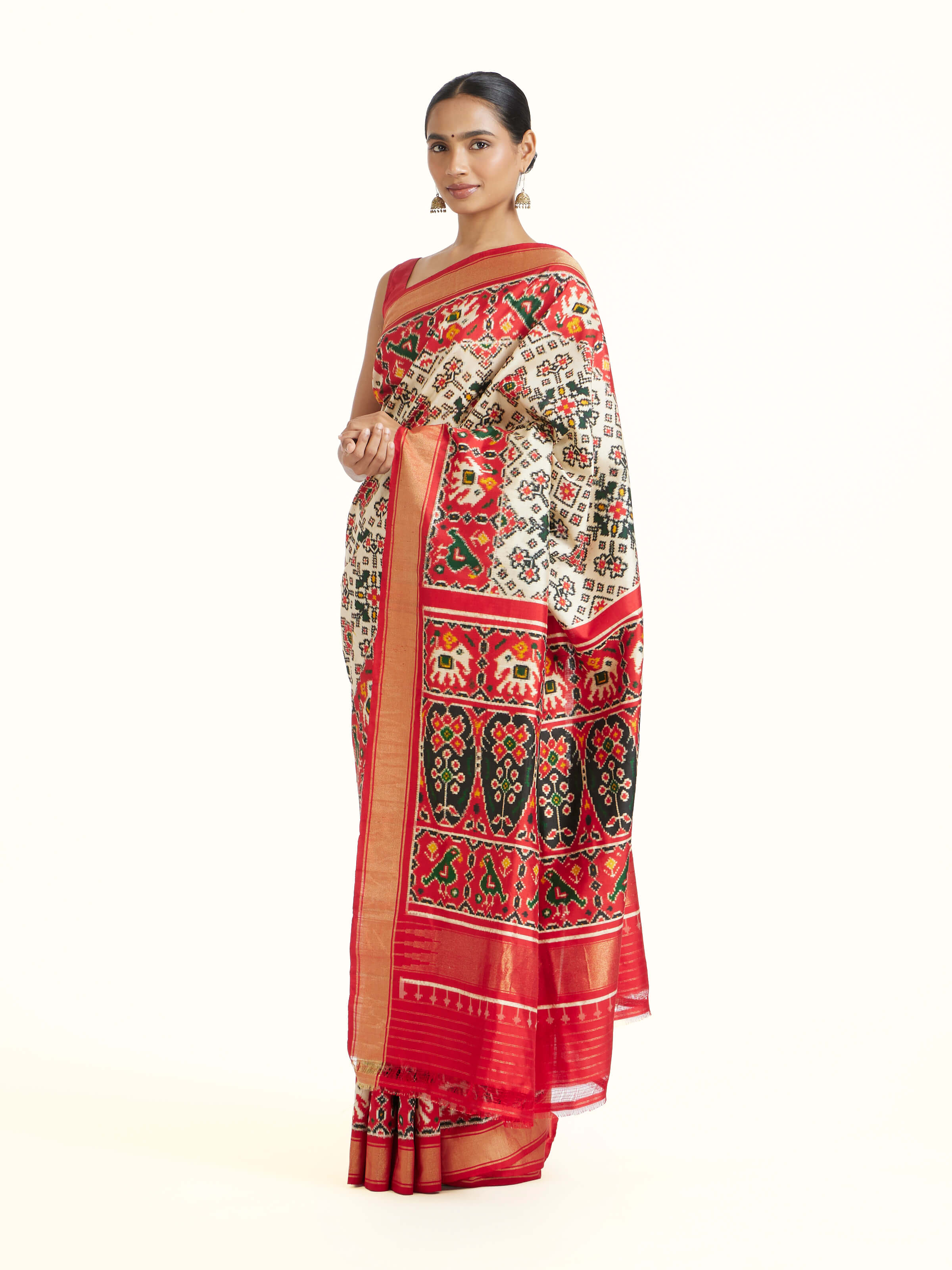 Off‑White Double Ikat Silk Saree