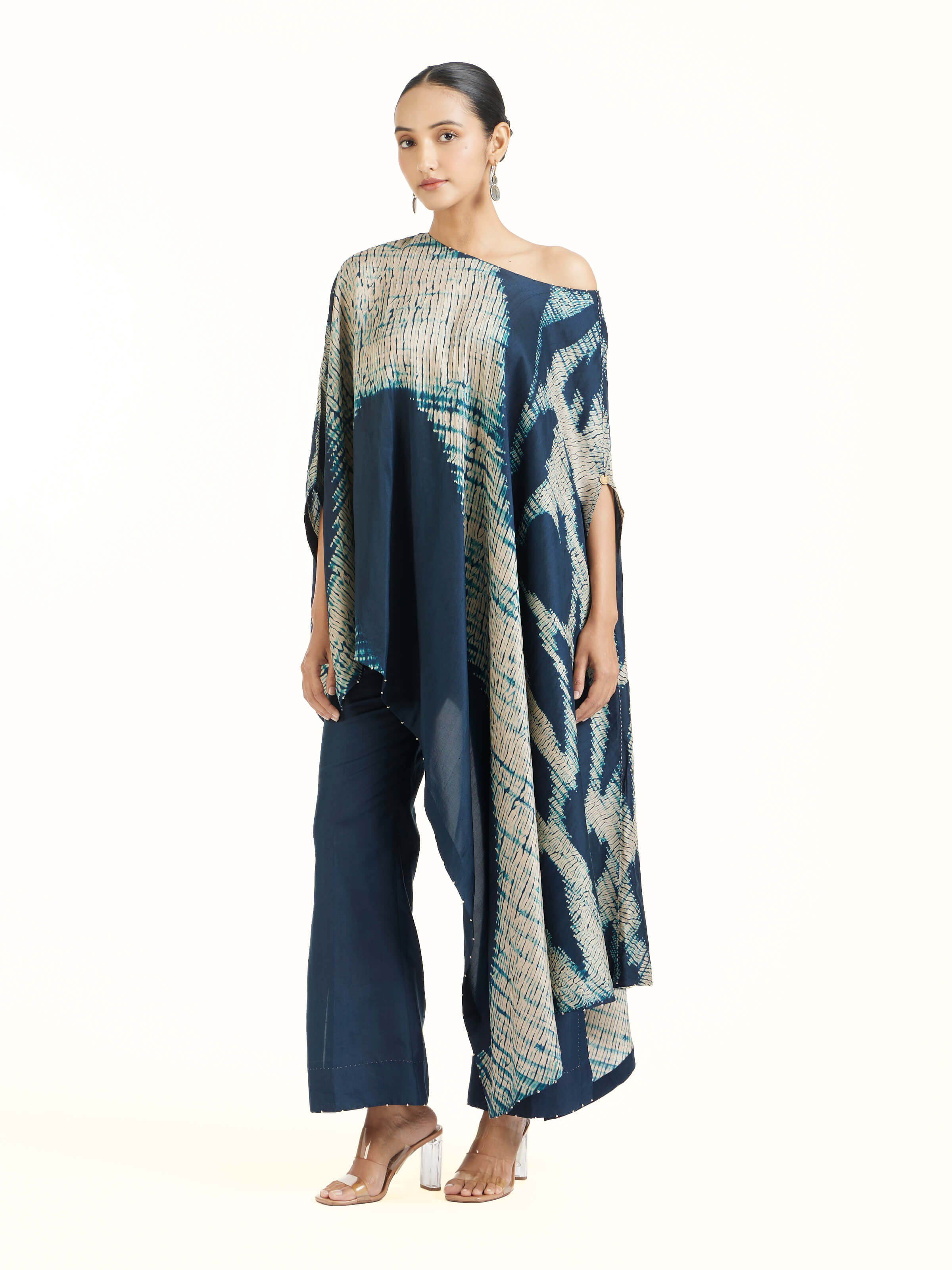 Side view of blue silk Shibori co-ord set showcasing relaxed fit