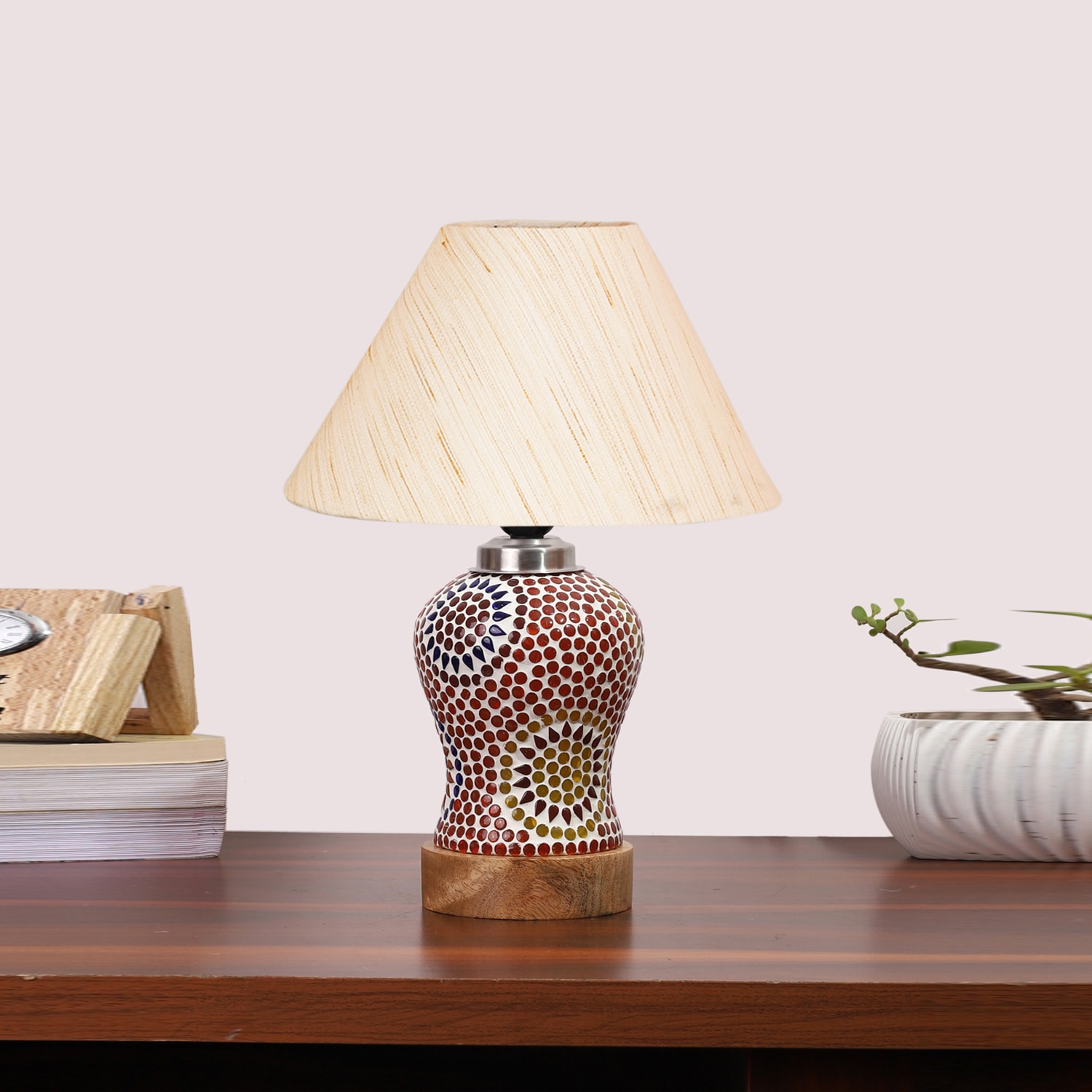 Devansh Conical Off White Cotton Shade Lamp With Wood & Mosaic Glass Base For Decoration/Office/Home/Gifting/Study For Decoration/Office/Home/Gifting/Study -(10X10X14.5) Inches -A - Devansh