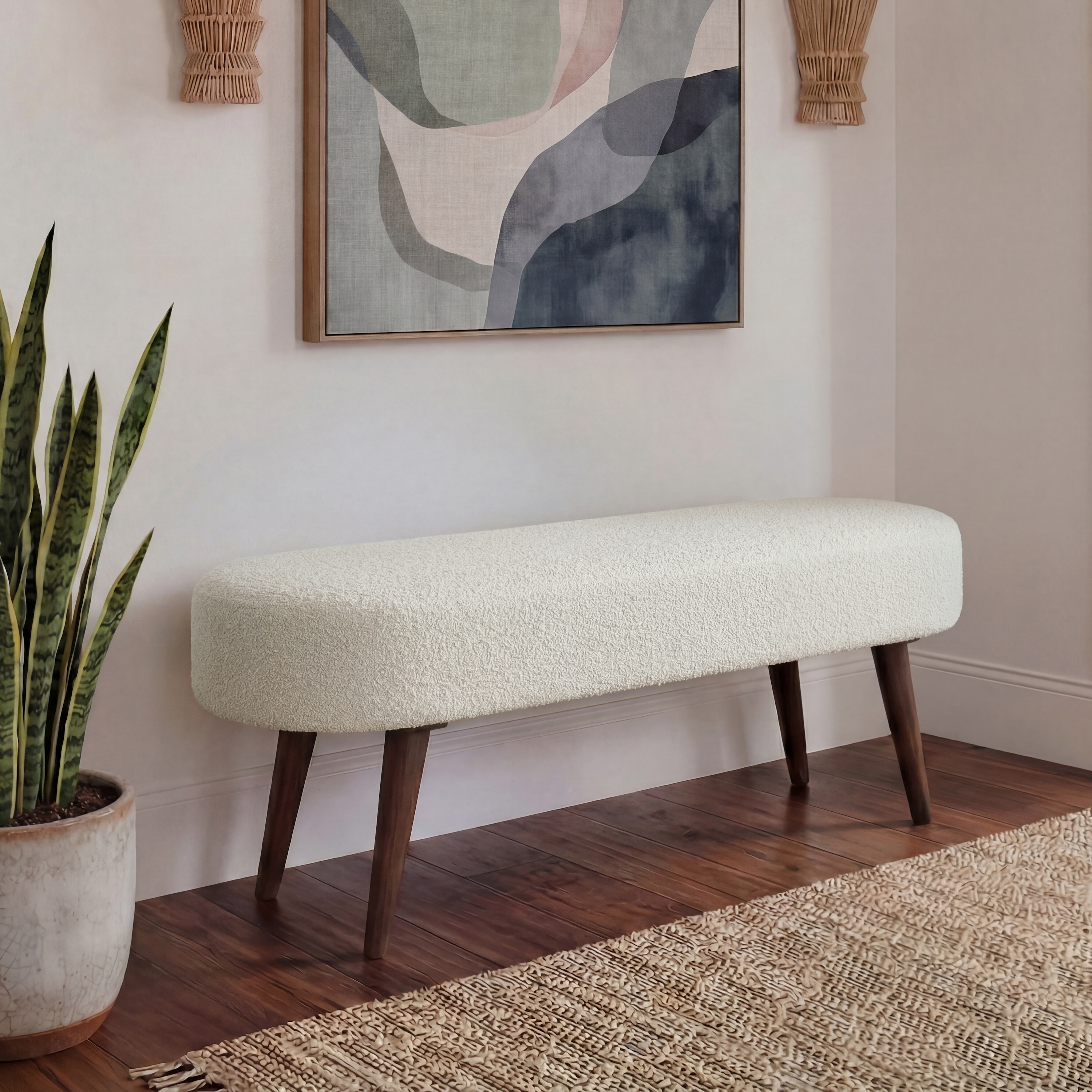 Onda Solid Wood Bench In Mango Walnut Finish and White Boucle Colour