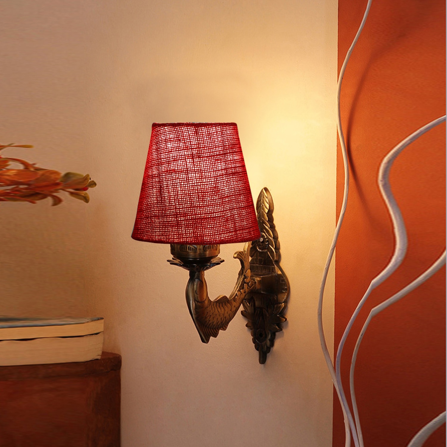 Devansh Metal Electric Wall Light in Antique Gold Colour with Maroon Shade Count of 1 Light - Devansh