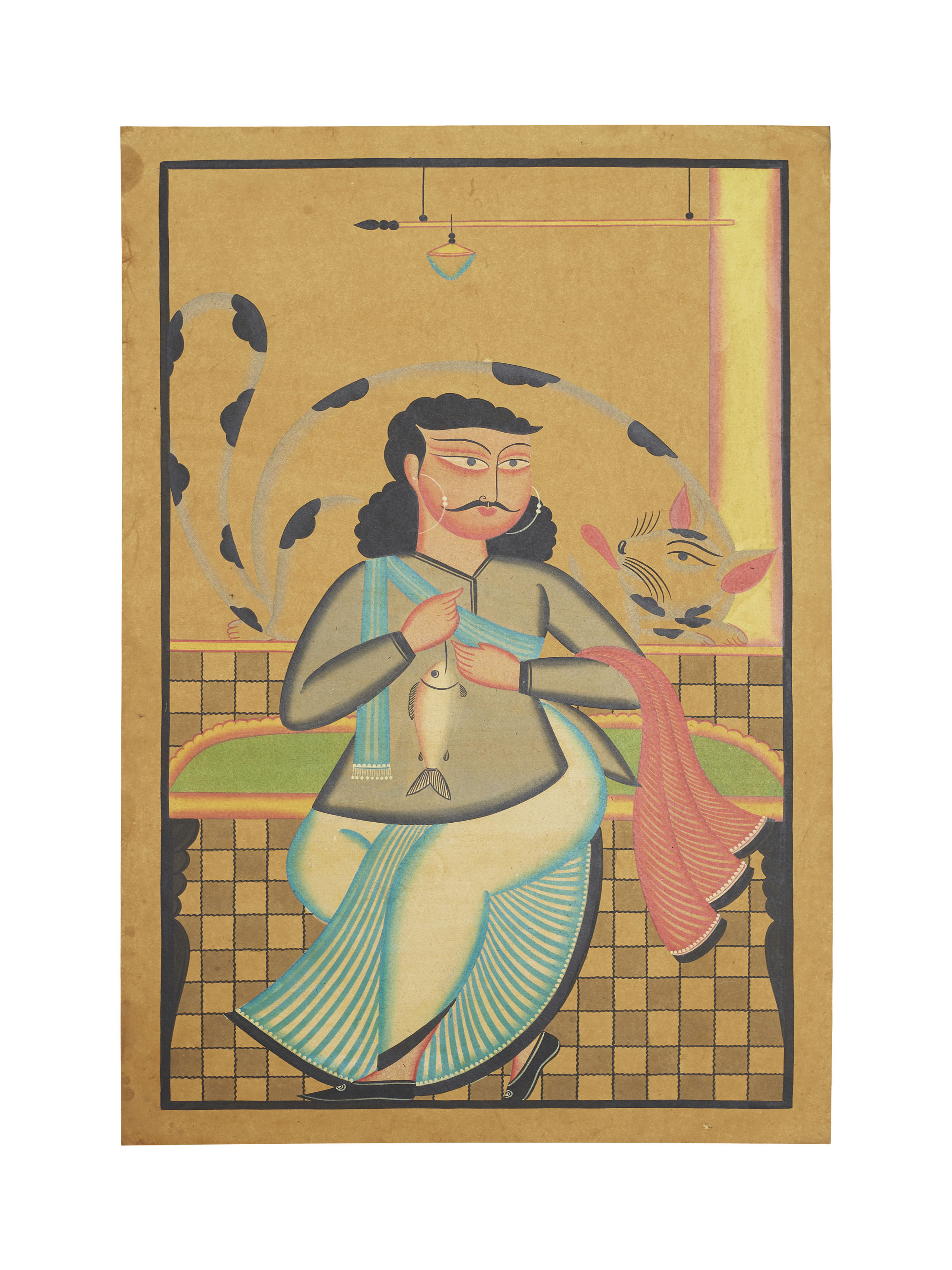 Babu Bibi Kalighat painting in traditional Bengali folk art style – front view