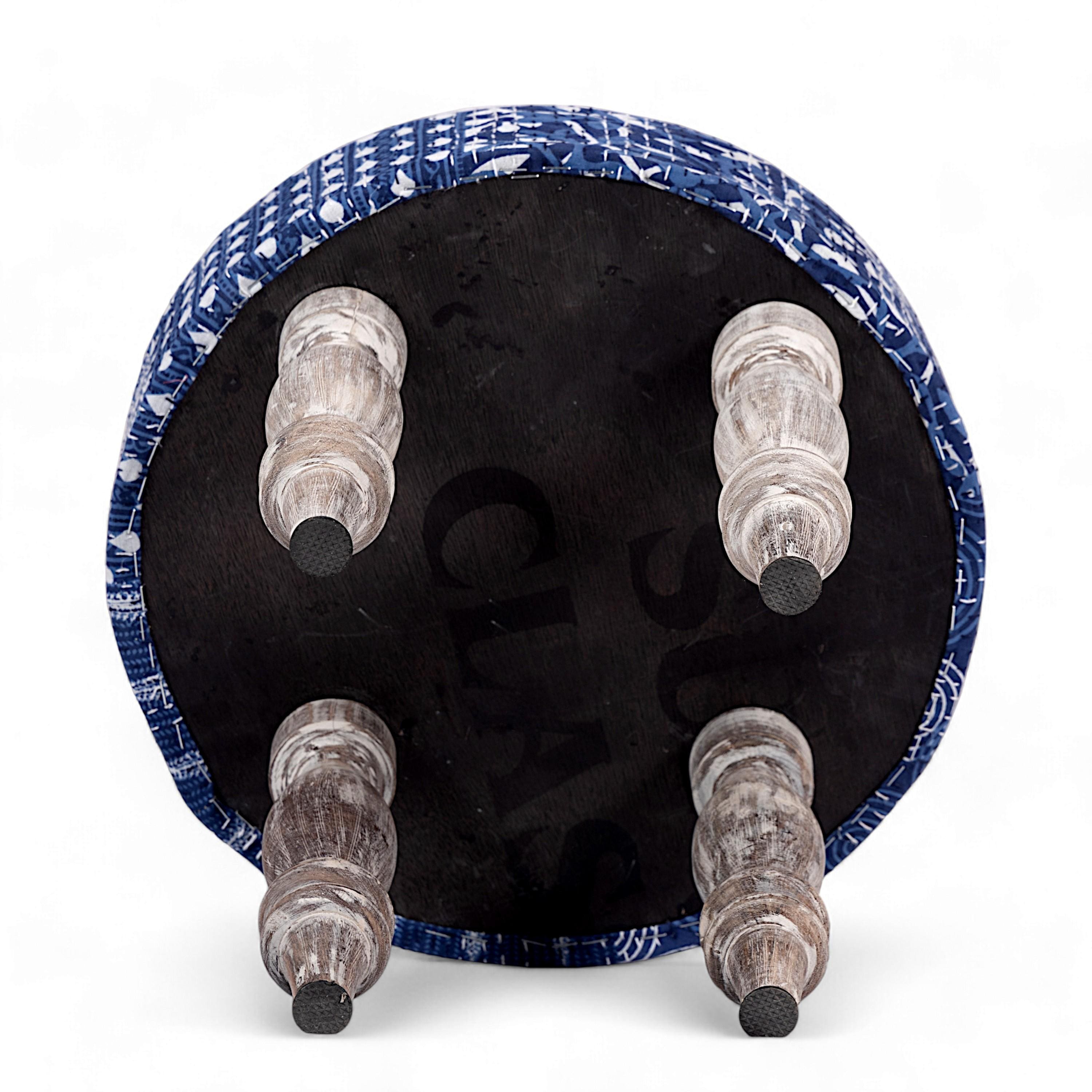 Cairo Sheesham Wood Mid Century 3+1+1 Seater Bench Set With 2 Stools In Indigo Patchwork Kantha