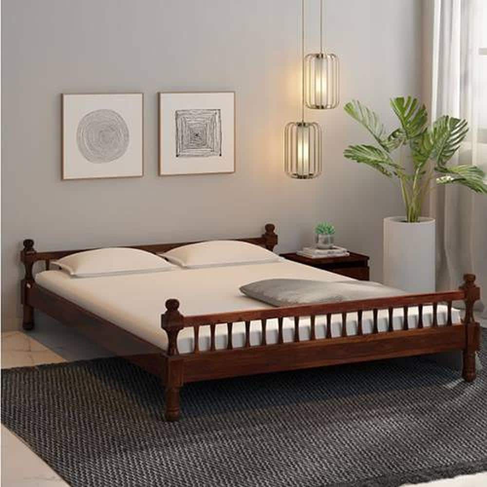 Wood Solid Wood Queen Size Non Storage Bed In Honey Oak Finish