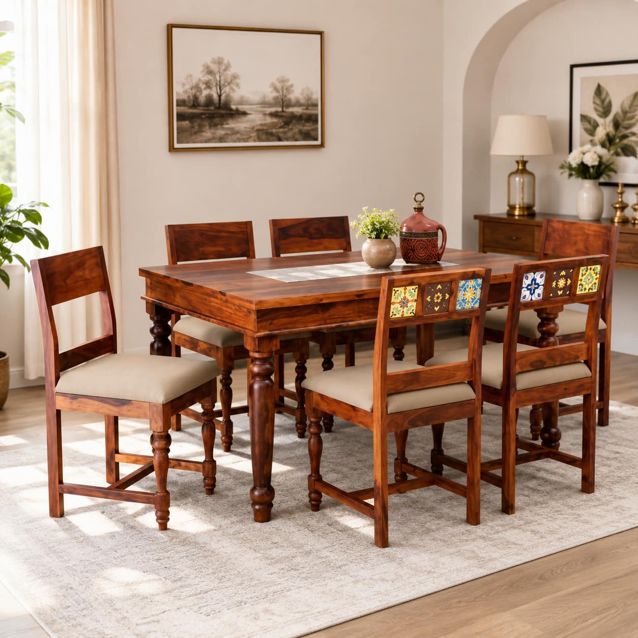 Rangrez Sheesham Wood 6 Seater Dining Set in Honey Oak Finish with Cushioned Chairs - Woodenmood