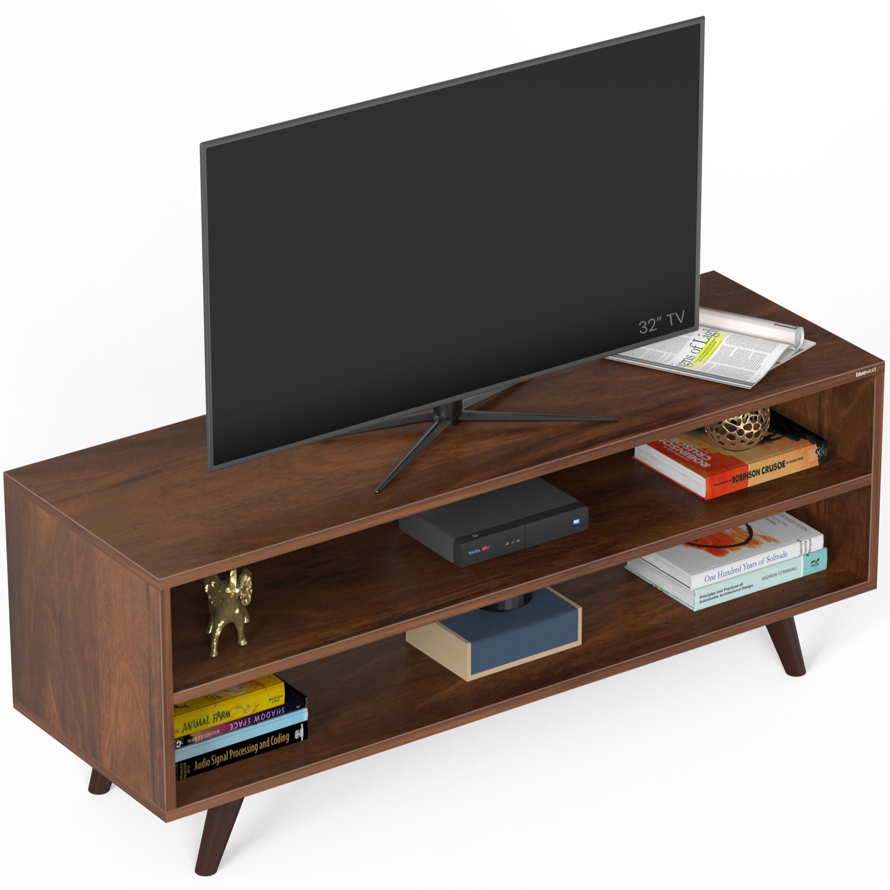 BLUEWUD Leo Engineering Wood Floor Standing TV Entertainment Unit Set Top Box Stand/TV Cabinet Panel with Shelves for Books & D�cor Display Unit Bed Living Room Upto 42 Inches (Brown Maple)