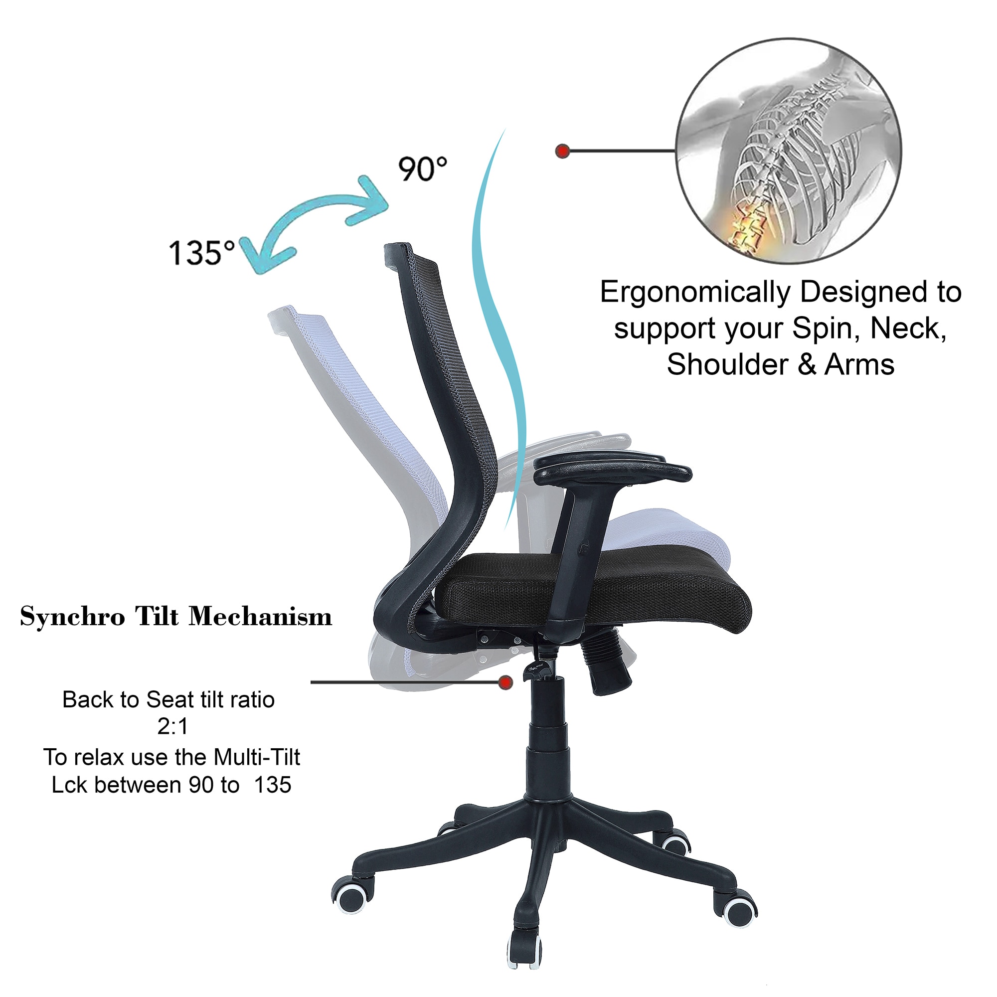 Ebeaony Mid Back Ergonomic Chair in Black Colour