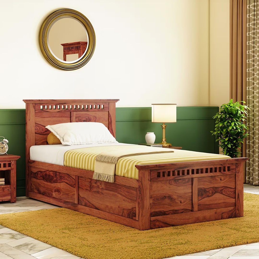 Fidora Solid Wood Single Storage Bed In Honey Finish