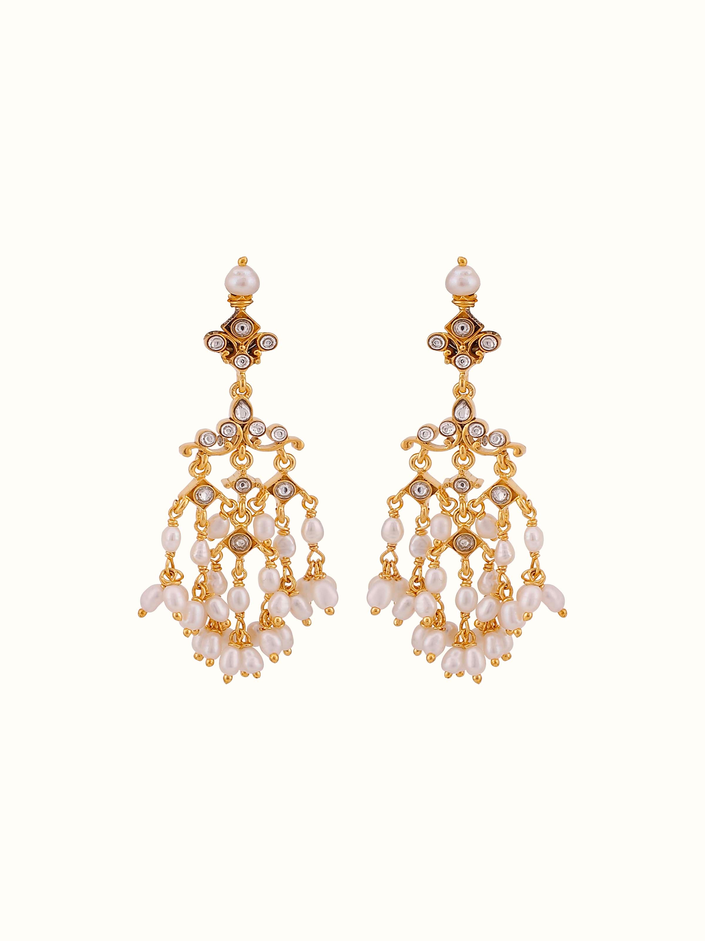 Front view of another variation of Guttapusalu Silver Drop Earrings with pearl hangings and ornate temple-style silver base.