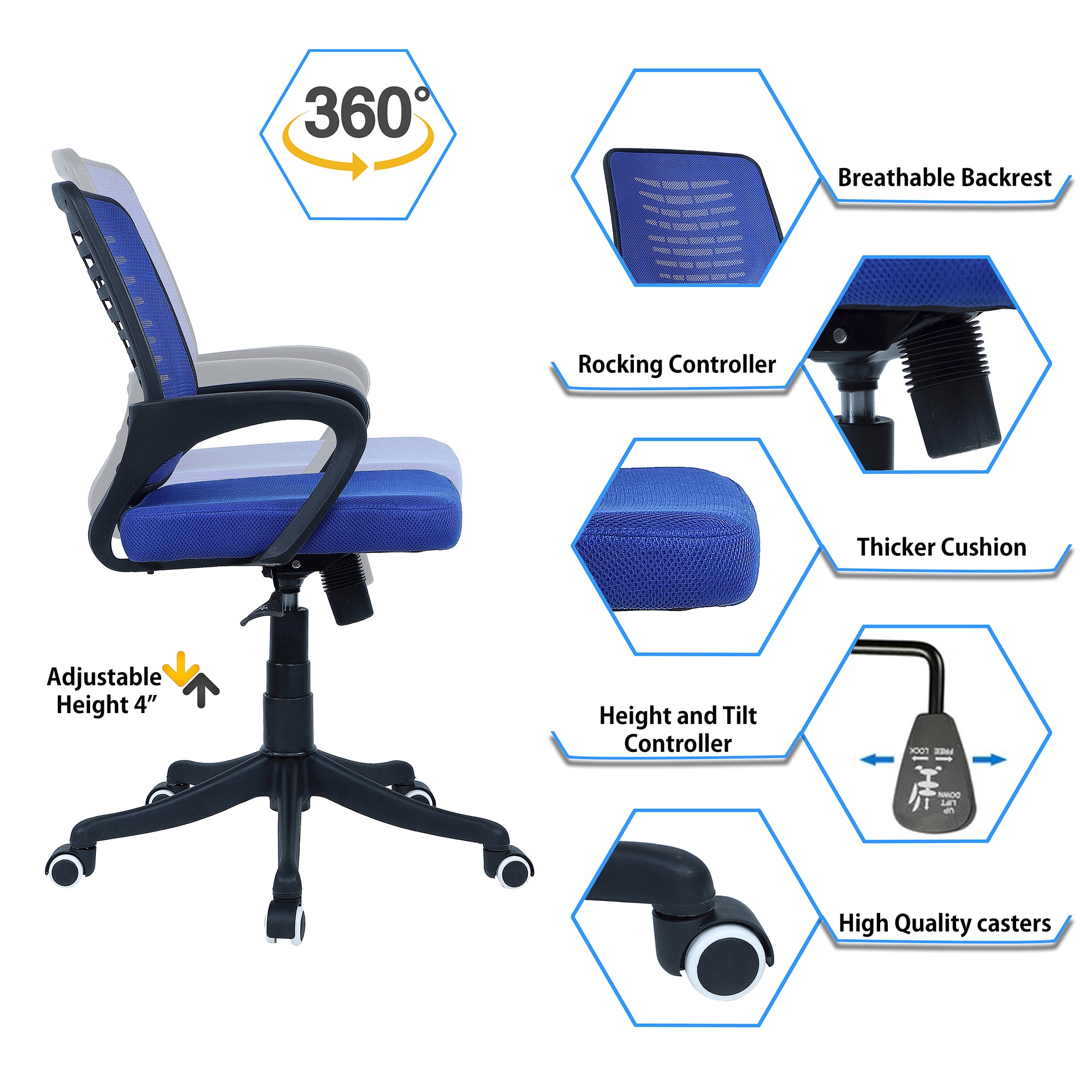 Diicea Mid Back Ergonomic Chair in Blue Colour