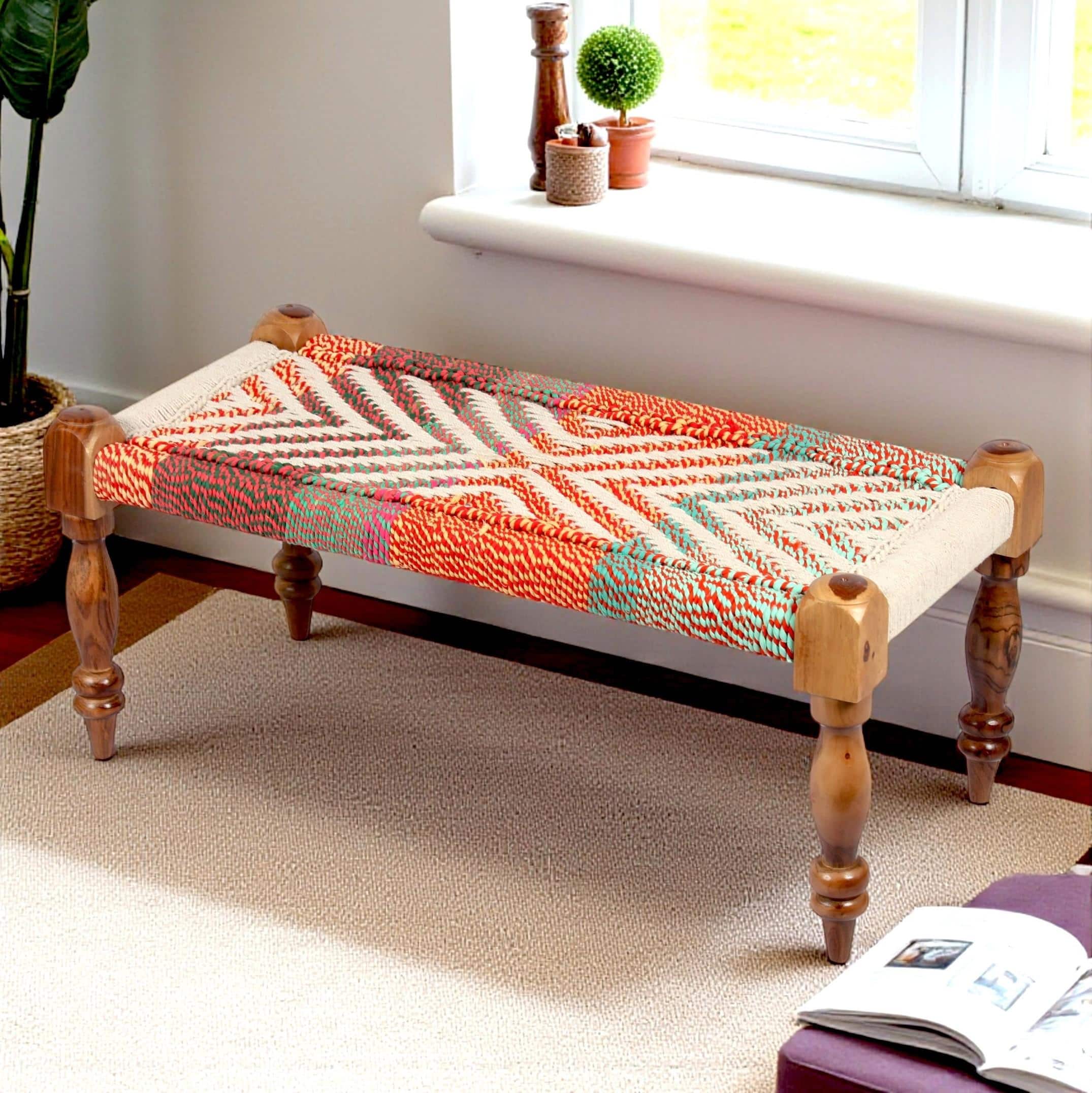 Oakville Sheesham Wood 2 Seater Maachi Bench In Assorted Multi-Colour Chindi & White Rope Canning