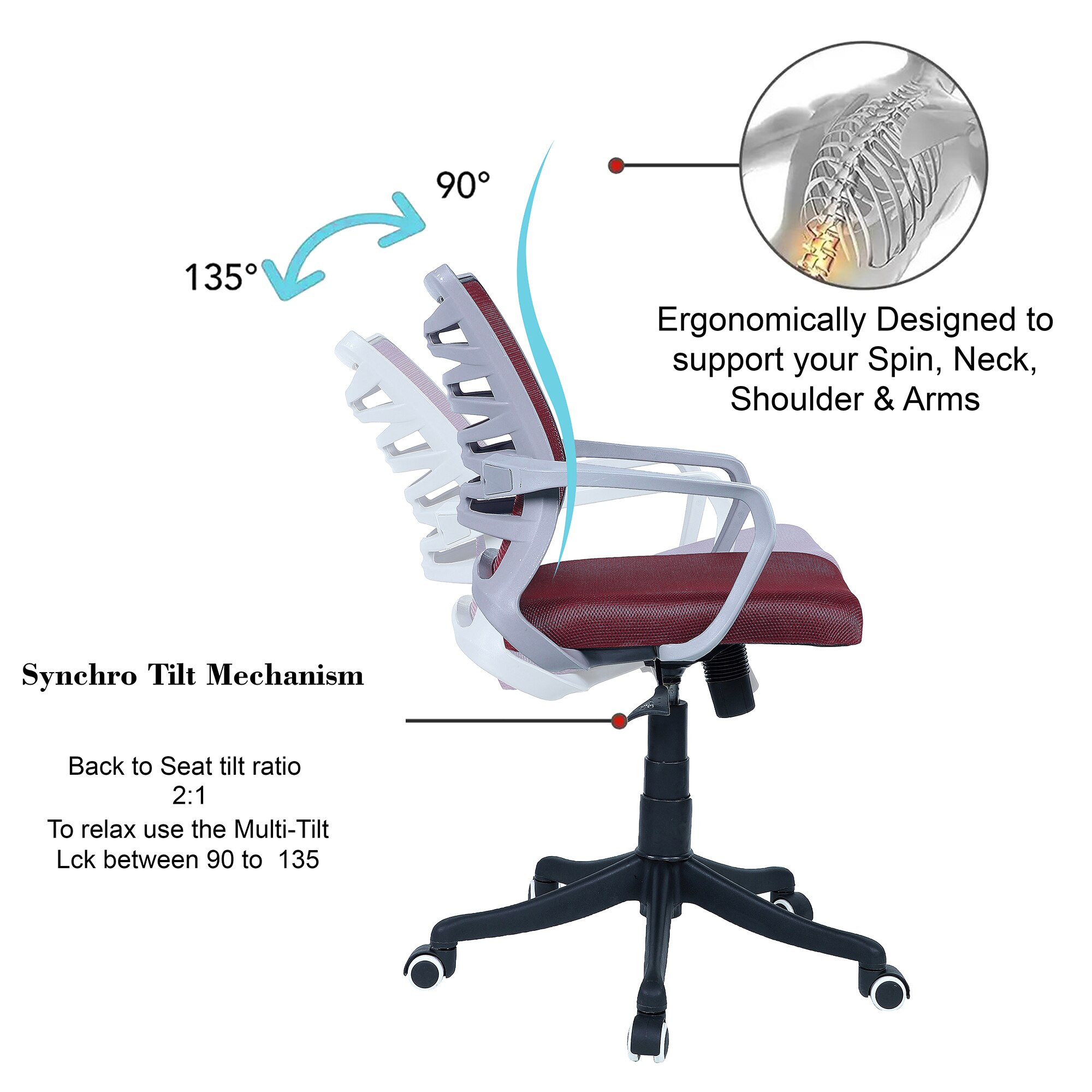 Xxeana Mid Back Ergonomic Chair in Maroon Colour