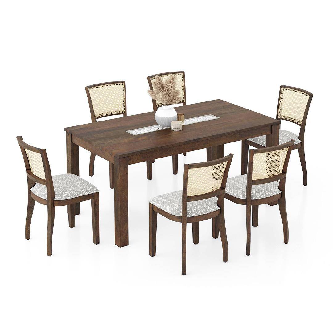 Brighton Xl 6 Seater Dining Table, Finish - Danish Walnut with Reed Dining Chair Set