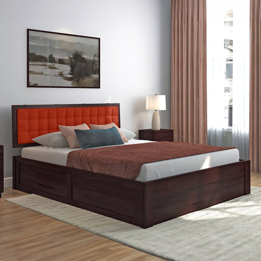 Florence Queen Size Solid Wood Hydraulic Storage Bed In Mahogany Finish & Lava Colour