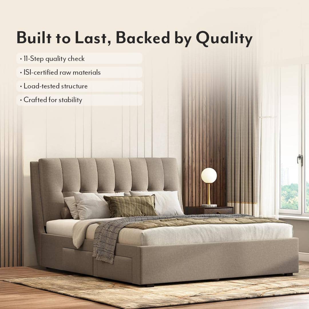 Bornholm Engineered Wood King Size Drawer Storage Upholstered Bed In Shitake Beige Colour