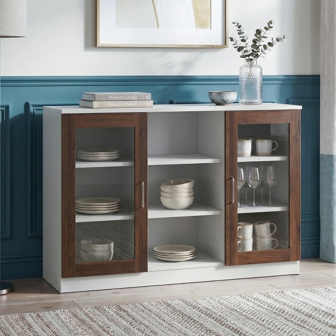 Viona Engineered Wood Display Bar Unit Frosty White Columbian Walnut - Gudsmith