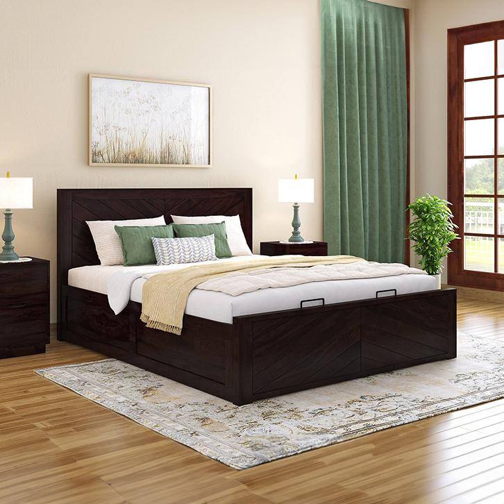 Almaya Solid Wood King Size Hydraulic Storage Bed In Mahogany Finish