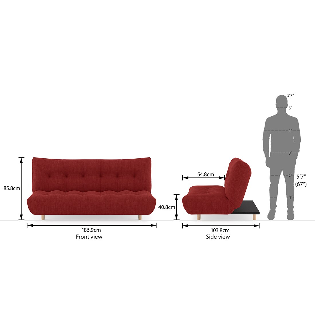 Palermo 3 Seater Click Clack Sofa cum Bed In Salsa Red Colour