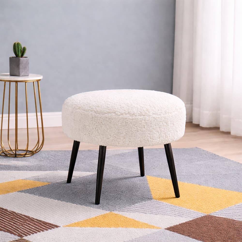 Doe Buck Luna Boucle Round Ottoman Stool in White Colour with Black Metal Legs - Doe Buck
