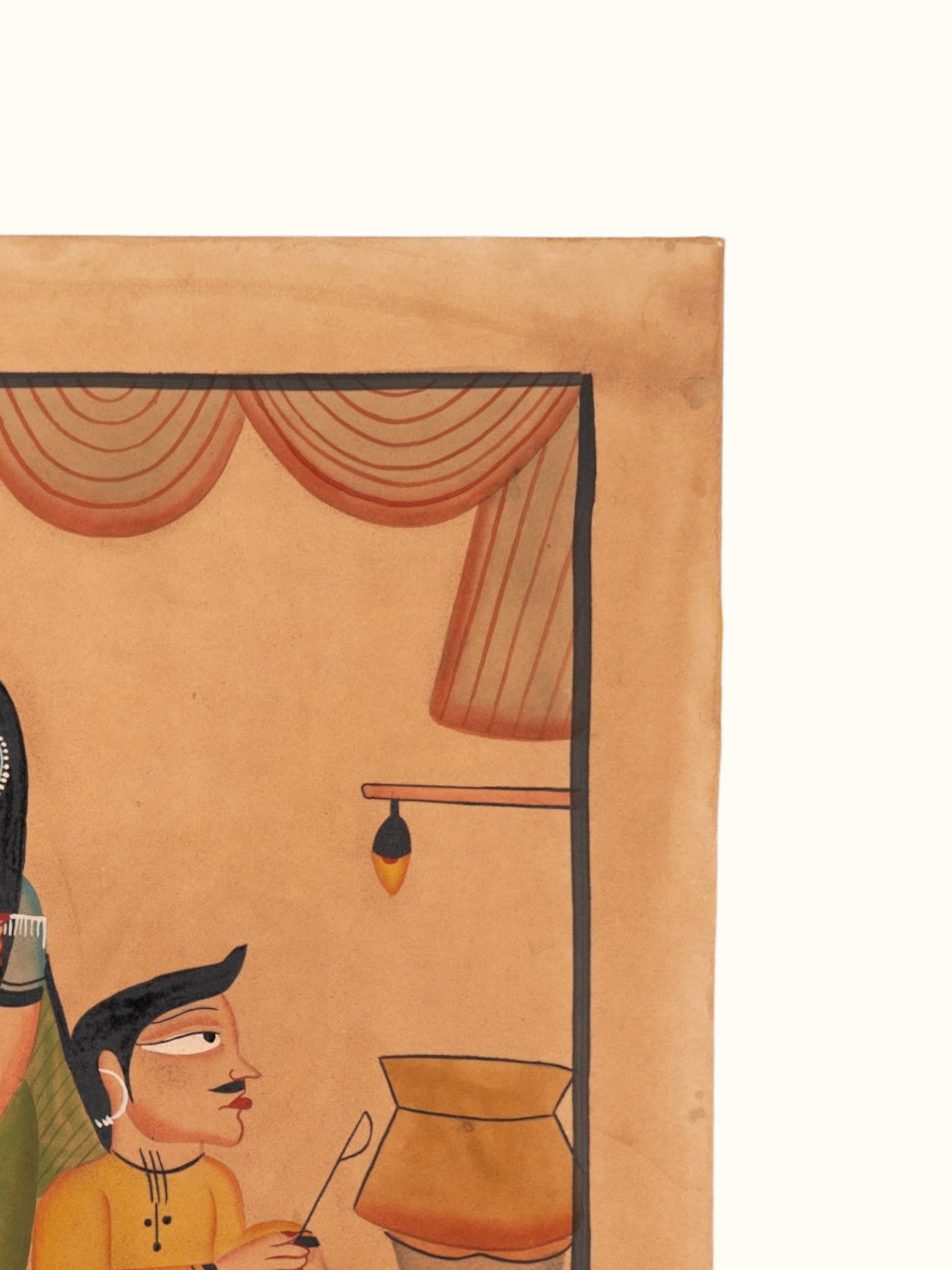 Detail shot of kalighat romance husband wife painting highlighting artwork texture