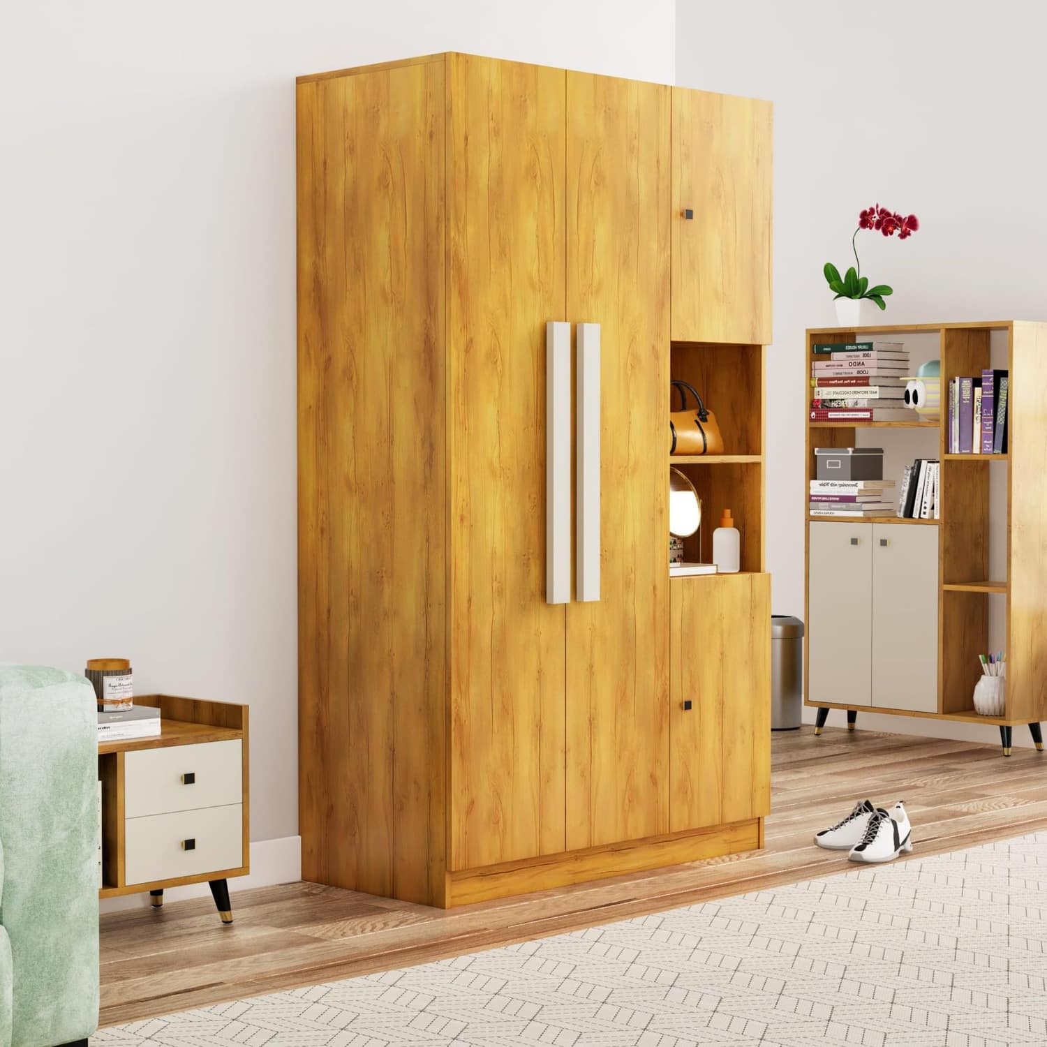 Hexa Red Wooden 4 Door Wardrobe with Hanging Space in Giant Wood Colour - HexaRed