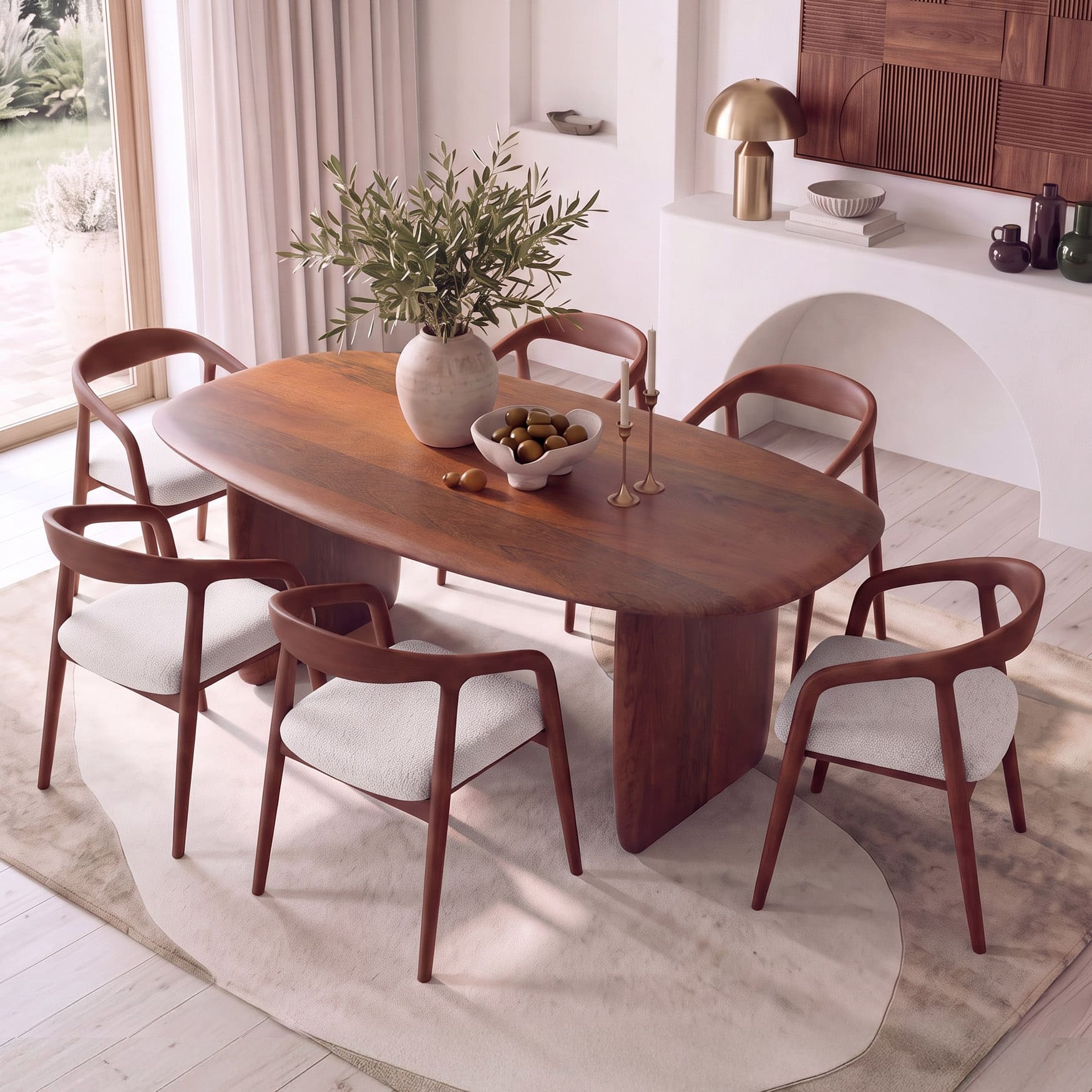 Zen Asymmetric Solid Wood 6 Seater Dining Table With 6 Zen Solid Wood Dining Chair (Finish: Honey, Colour: White Boucle) - Urban Ladder
