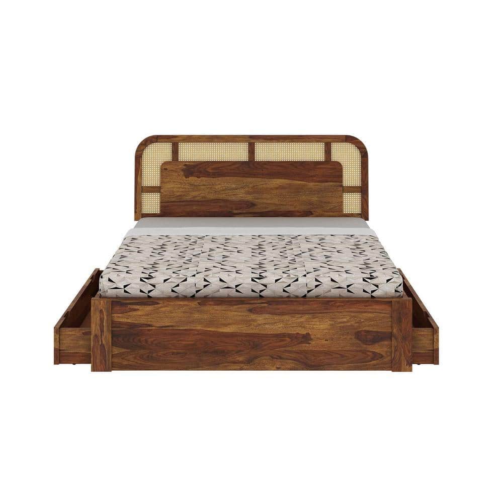 Sunburst Ratan Solid Wood Queen Size Storage Bed