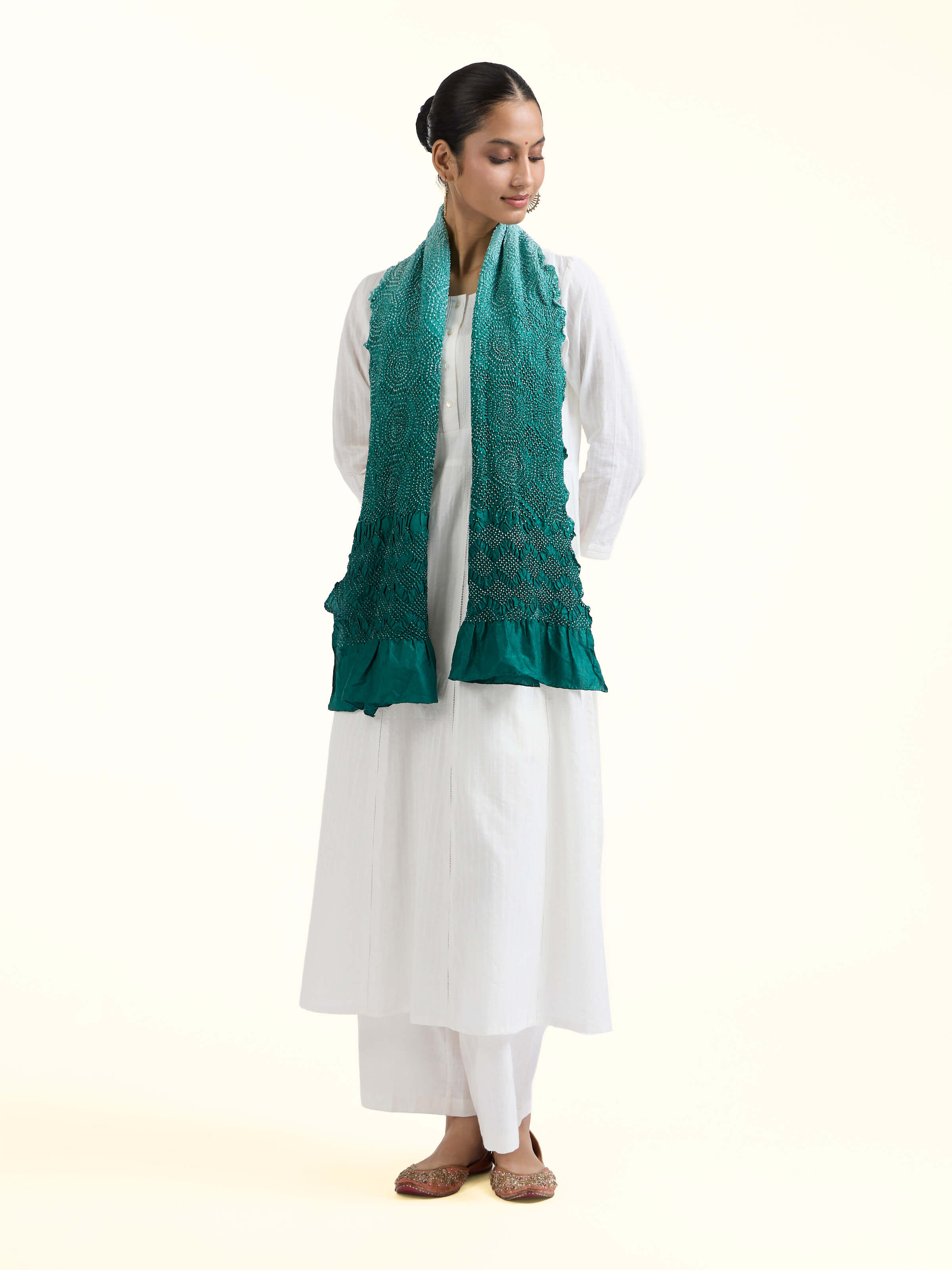 Side view of Teal Bandhani Tie & Dye Silk Stole highlighting the detailed craftsmanship and elegant silhouette