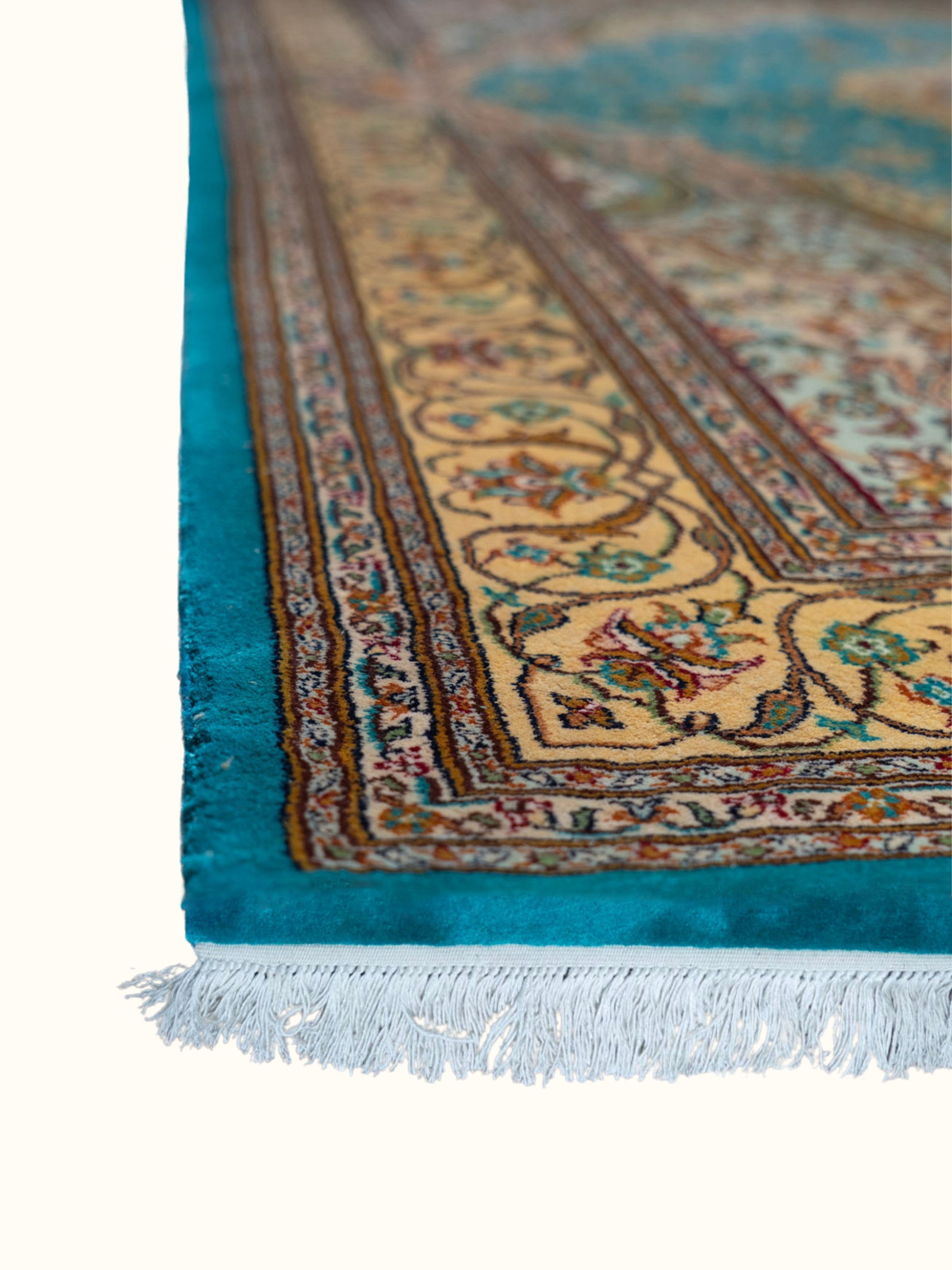 Traditional Persian Blue Tabriz Kashmir Silk Hand-Knotted Carpet
