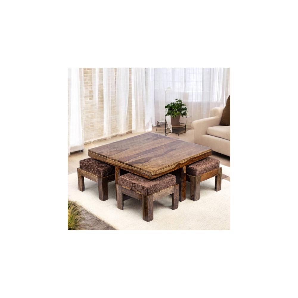 Blane Sheesham Wood 4 Seater Coffee Table Set In Teak Finish Brown Sparkle Velvet Cushion