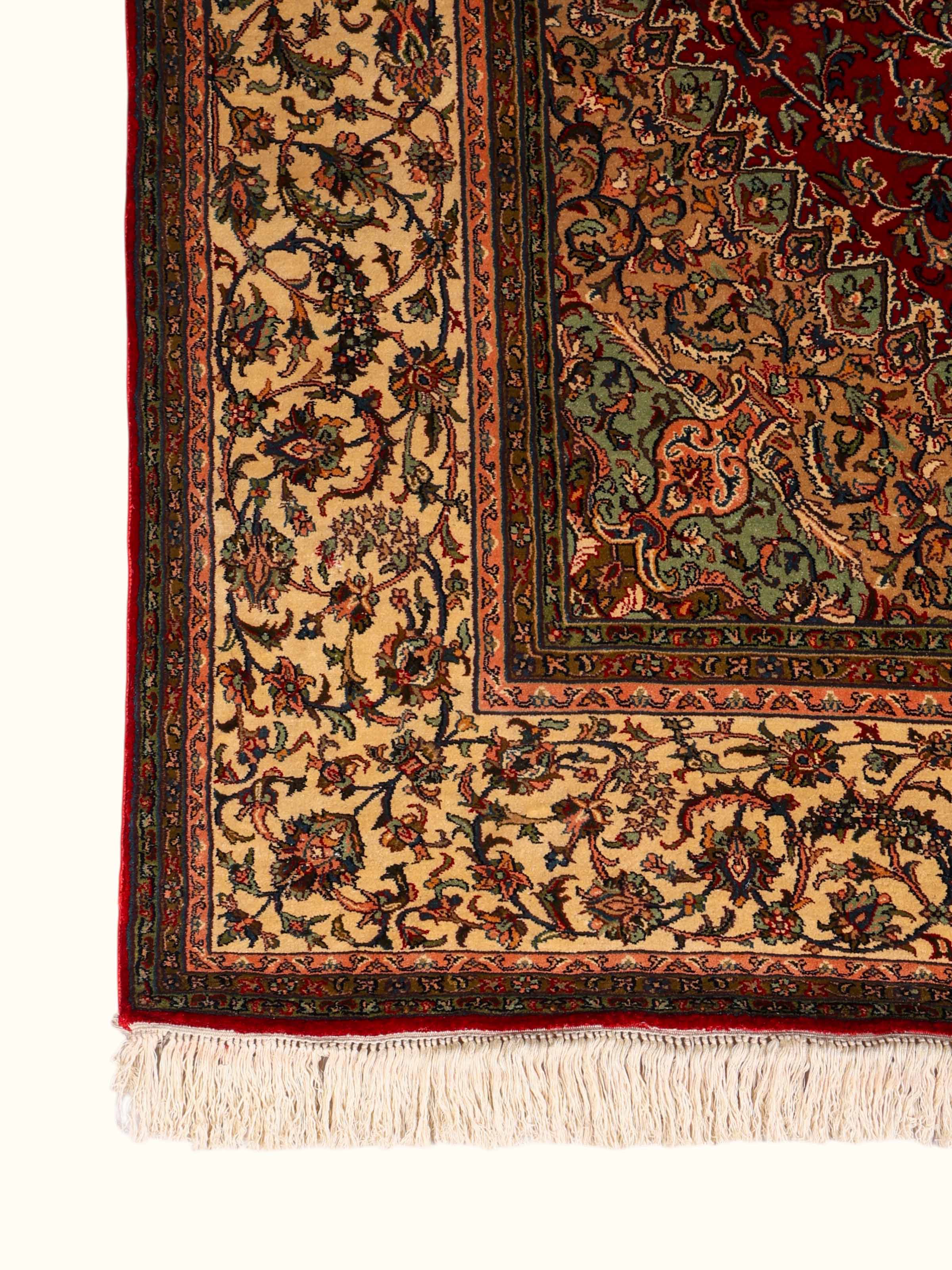 Traditional Persian Red Ivory Kashan Kashmir Silk Hand-Knotted Carpet