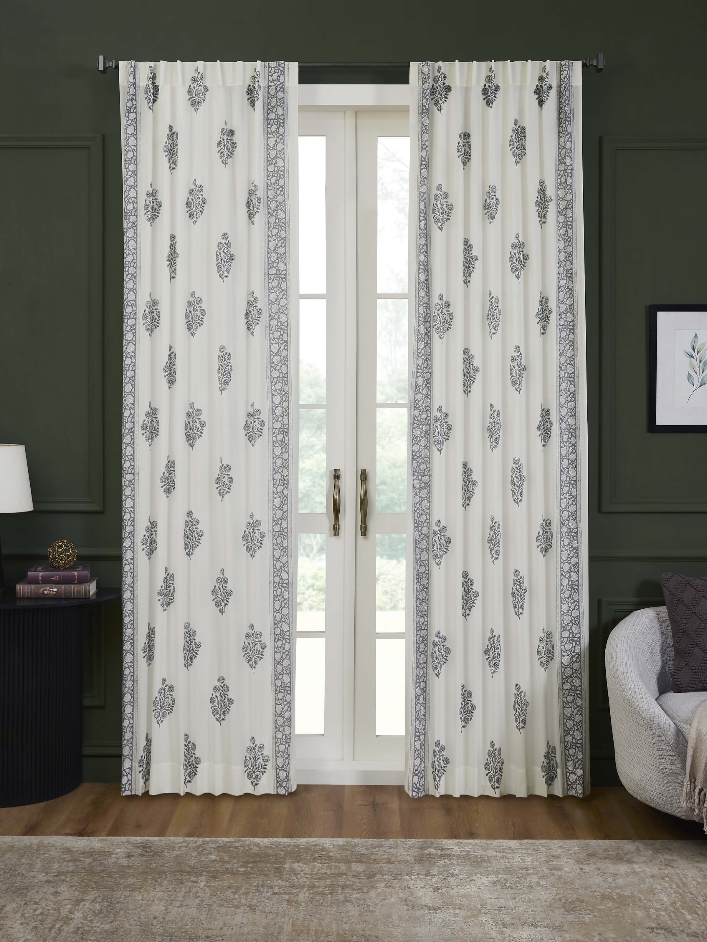 Saha Grey Floral Cotton Sanganeri Block Printed Sheer Curtain (9 Ft)