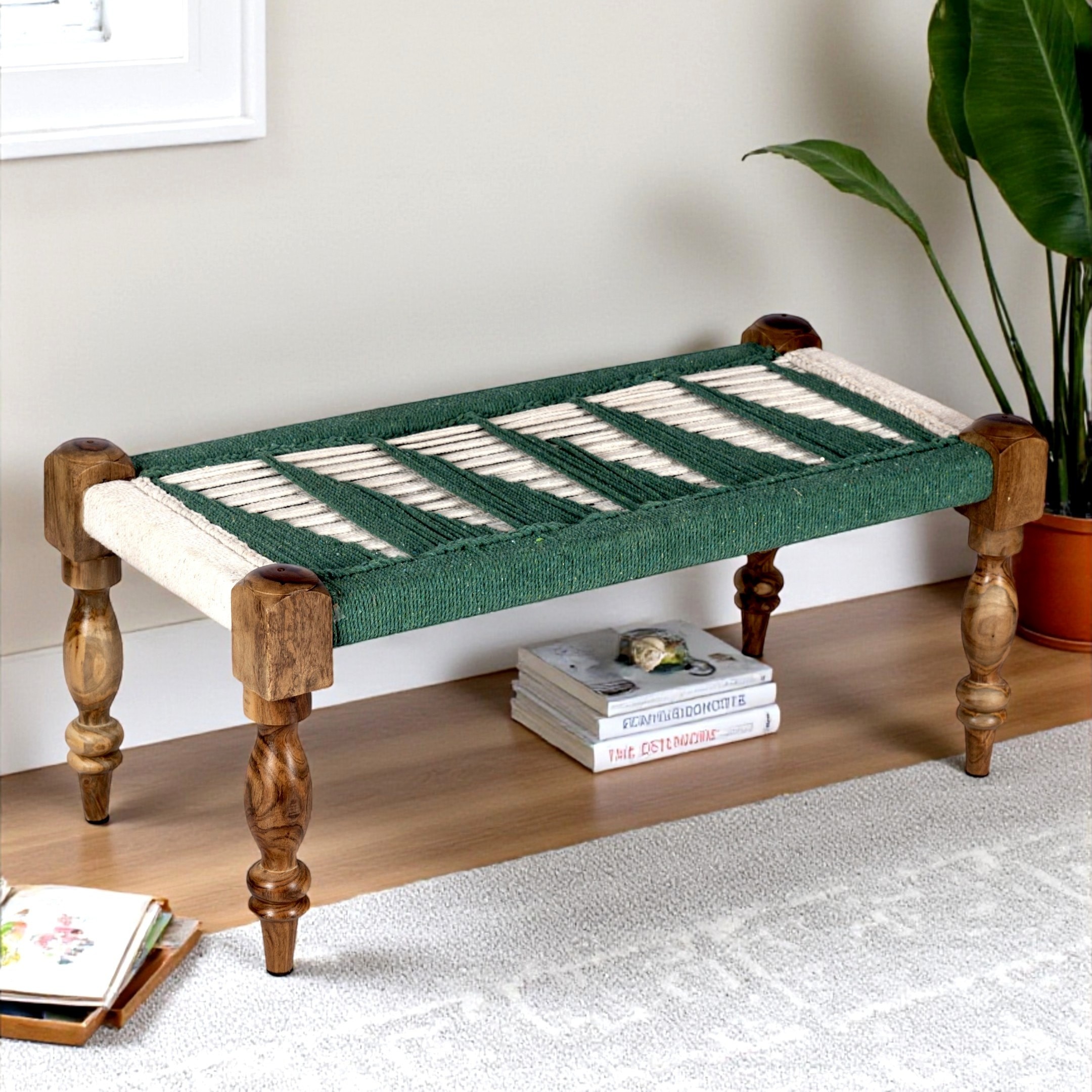 Oakville Sheesham Wood 2 Seater Maachi Bench In Green & White Rope Canning