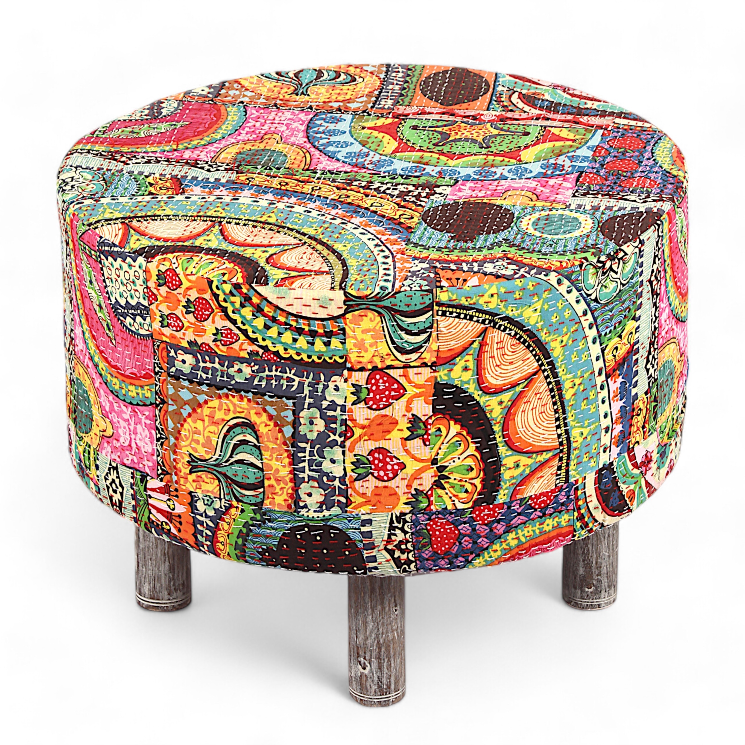 Rosslyn Solid Wood Ottoman Pouffee in Multi Colour Israel Print Kantha fabric