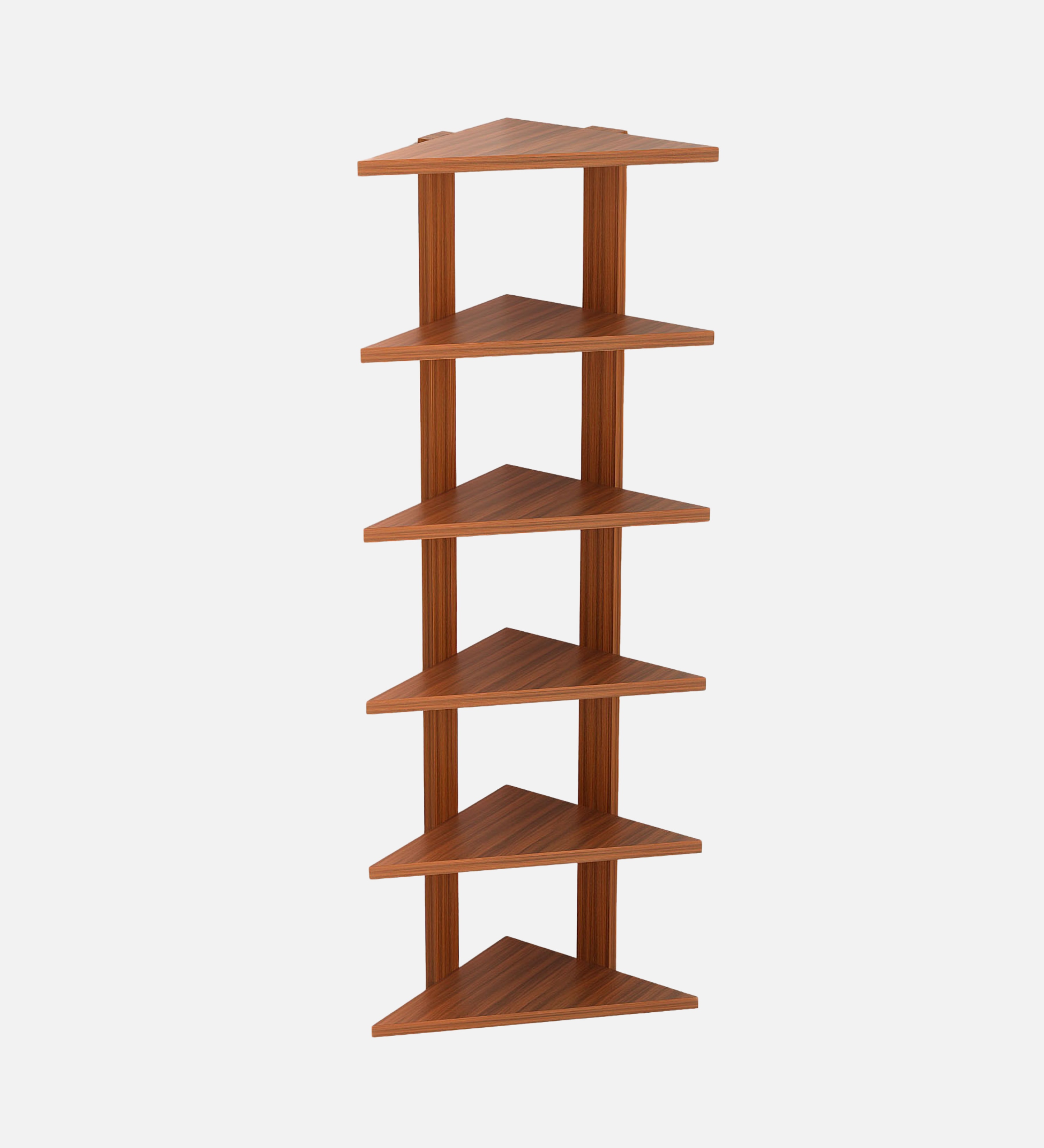 Bluewud Wudville Braine Engineered Wood Wall Mount Corner Shelf, Display Rack, (6 Tringle Shelves - Walnut)