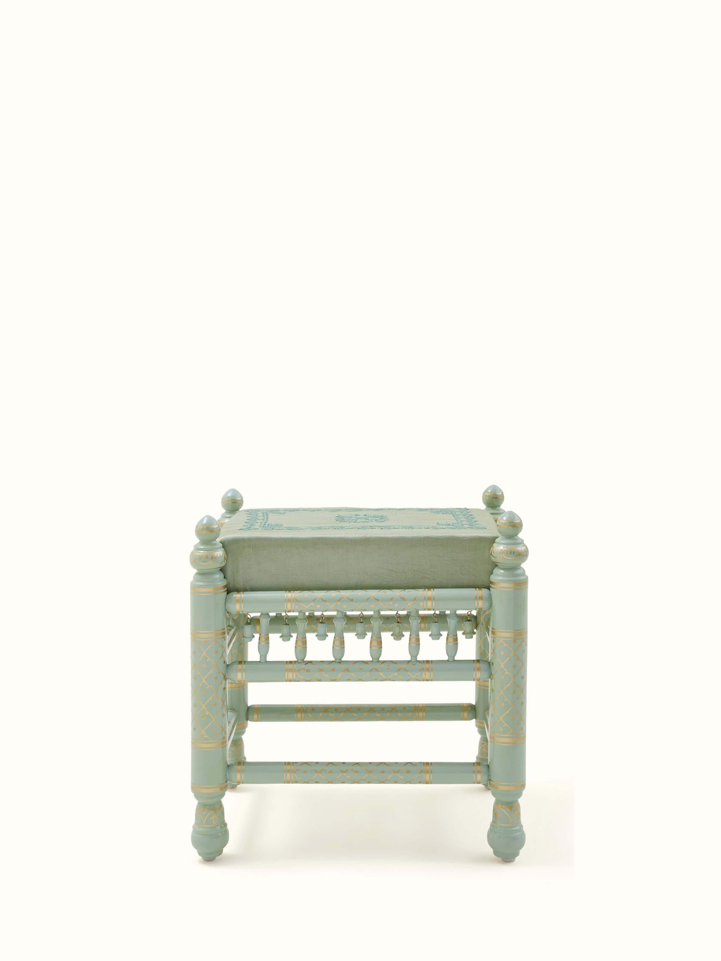 Front view of Upholstered Teak Wood Sankheda Square Stool showcasing its design and upholstery