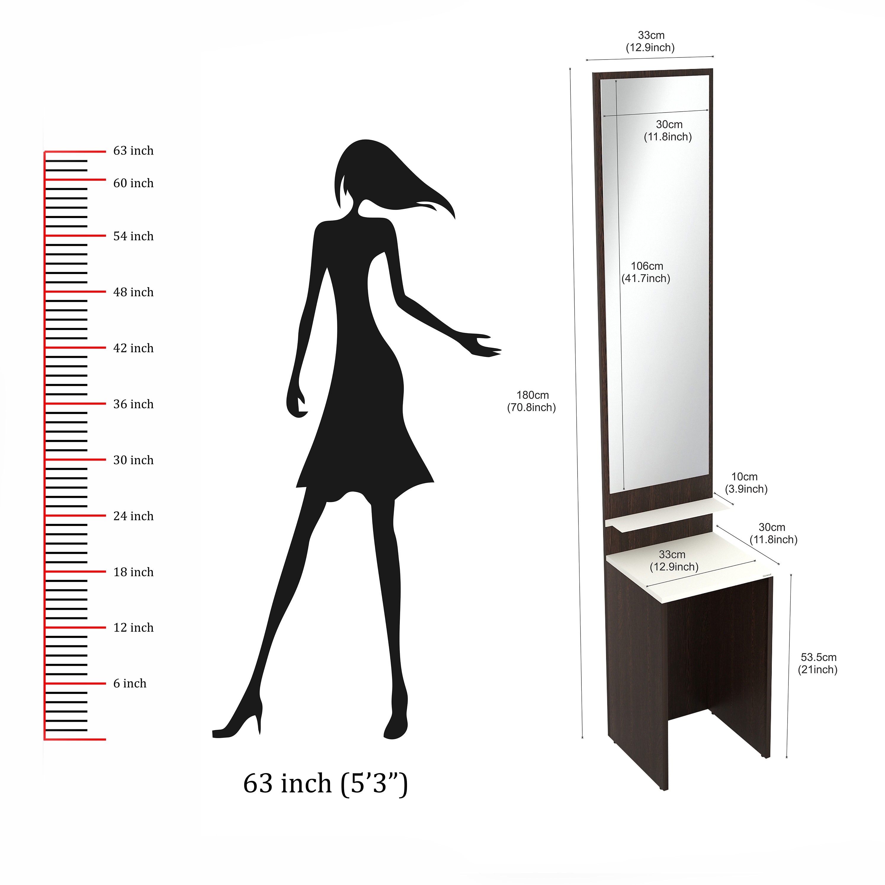 BLUEWUD Alesti Engineered Wood Slim Dressing Table Full Length Rectangular Wall Mount Mirror With Utility Shelf (Wenge & White)