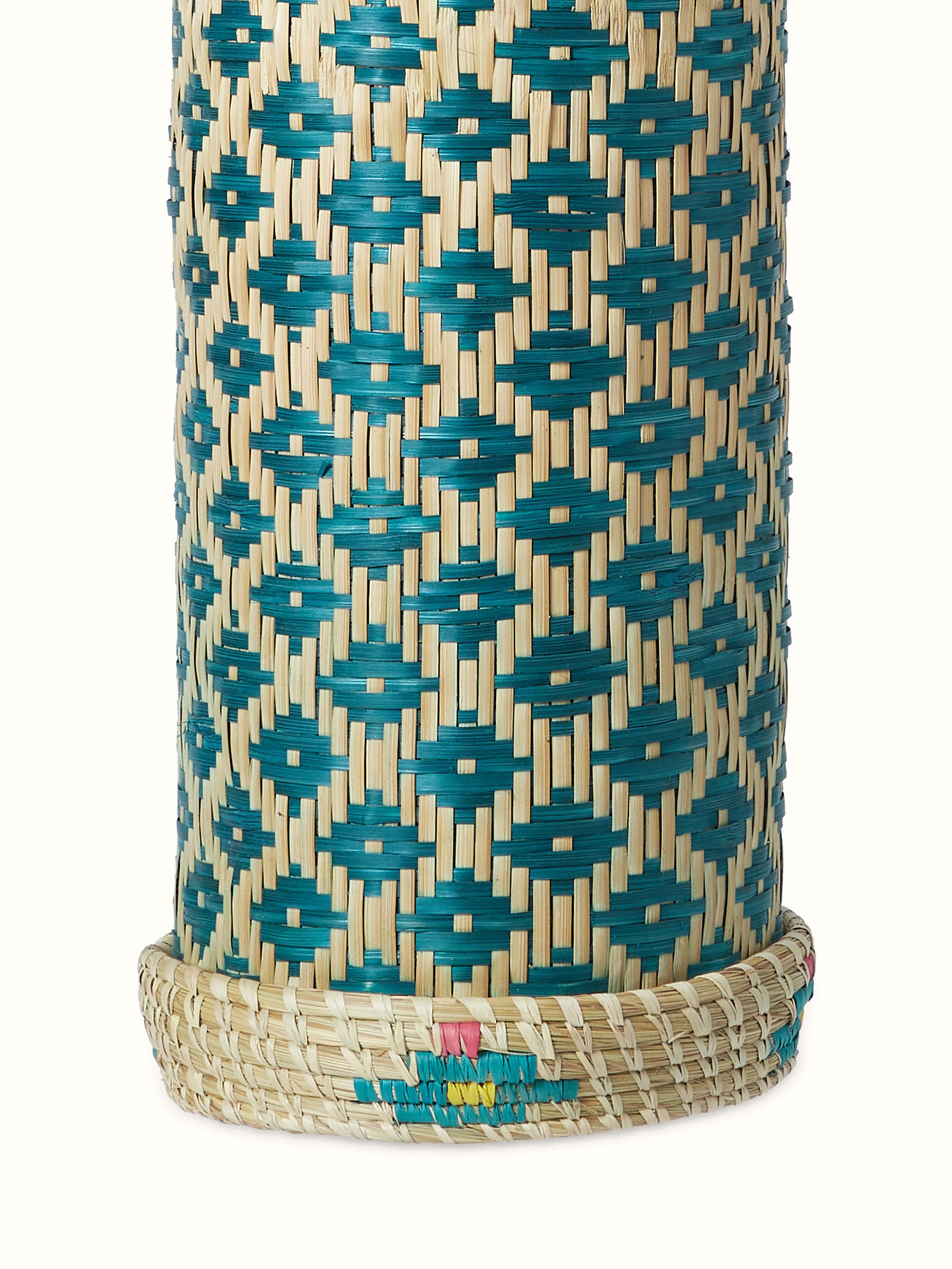 Side view of Kanshi basketry natural fibre pendant light in teal color showcasing the pendant's design and natural fiber craftsmanship