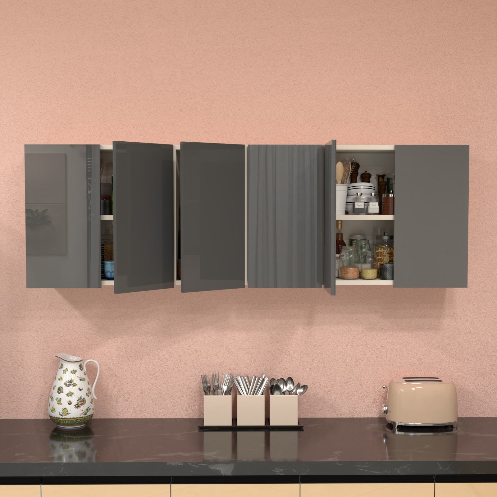6 Door Mirror Glossy Triple Layered Uv Resistant Handless Cabinet In Grey Finish - Speciality Panels