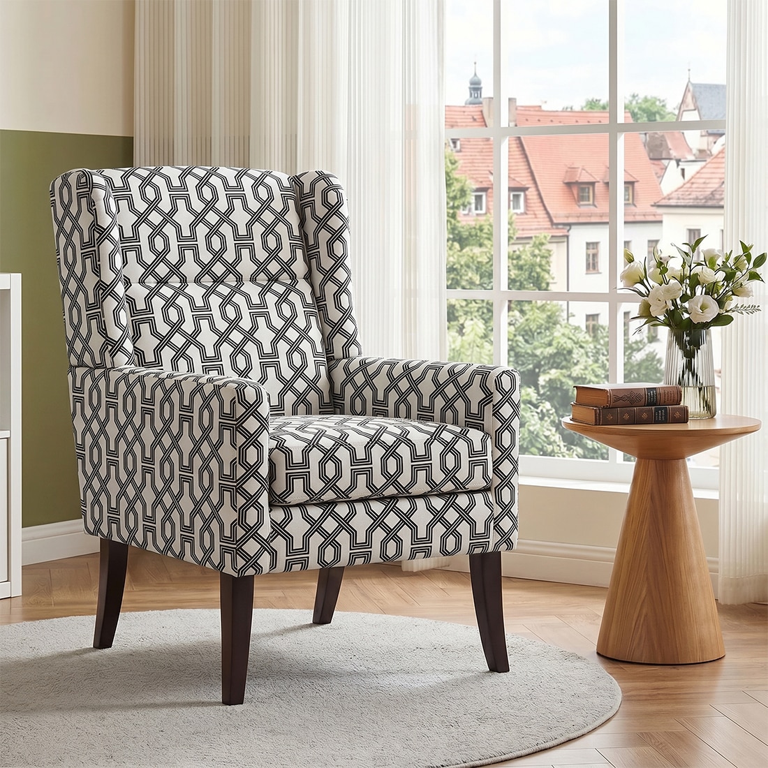 Joan Printed Infinity Grid Fabric Wing Chair in White Colour - KURSIWALLAH