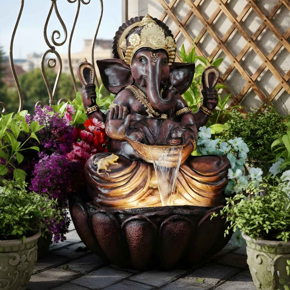Brown Fiber Glass Lotus Ganesha Indoor Water Fountain - Expleasia