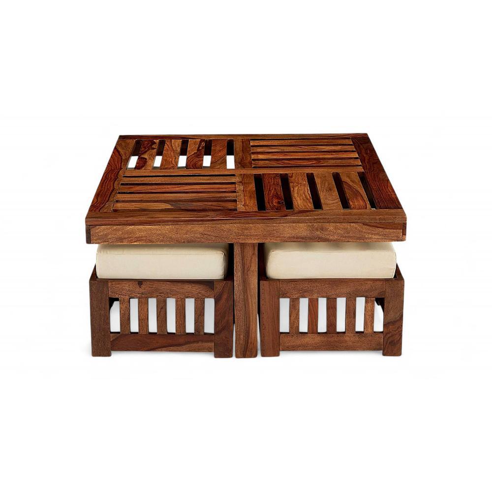 Palladio Sheesham Wood Accent Coffee Table Set With 4 Stools In Natural Teak Finish