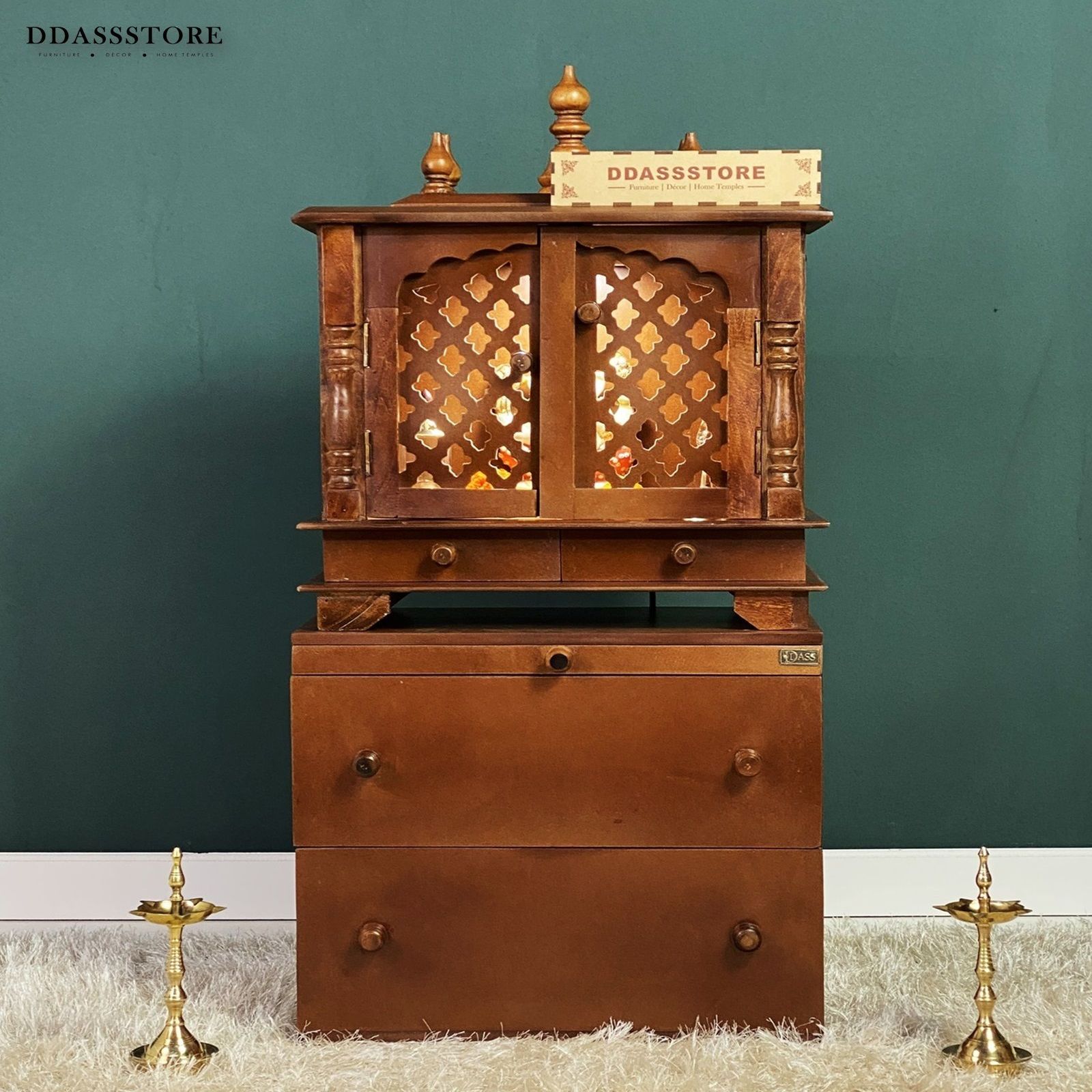 D'Dass Multi Color Mdf and Sheesham Wooden Temple With Cabinet For Pooja