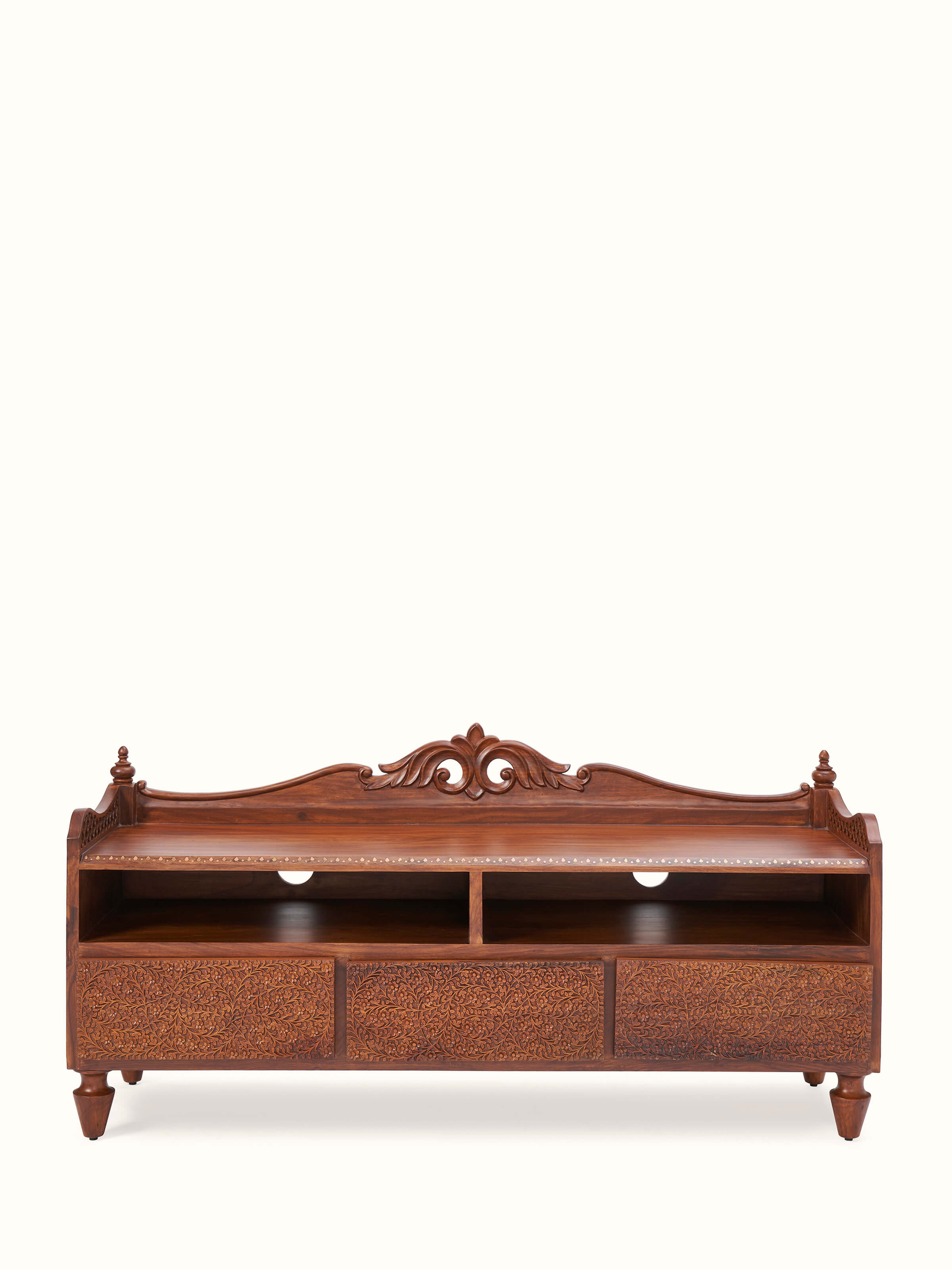 Carved Sheesham Wood Entertainment Unit with intricate detailing, highlighting its sophisticated craftsmanship and natural wood texture.