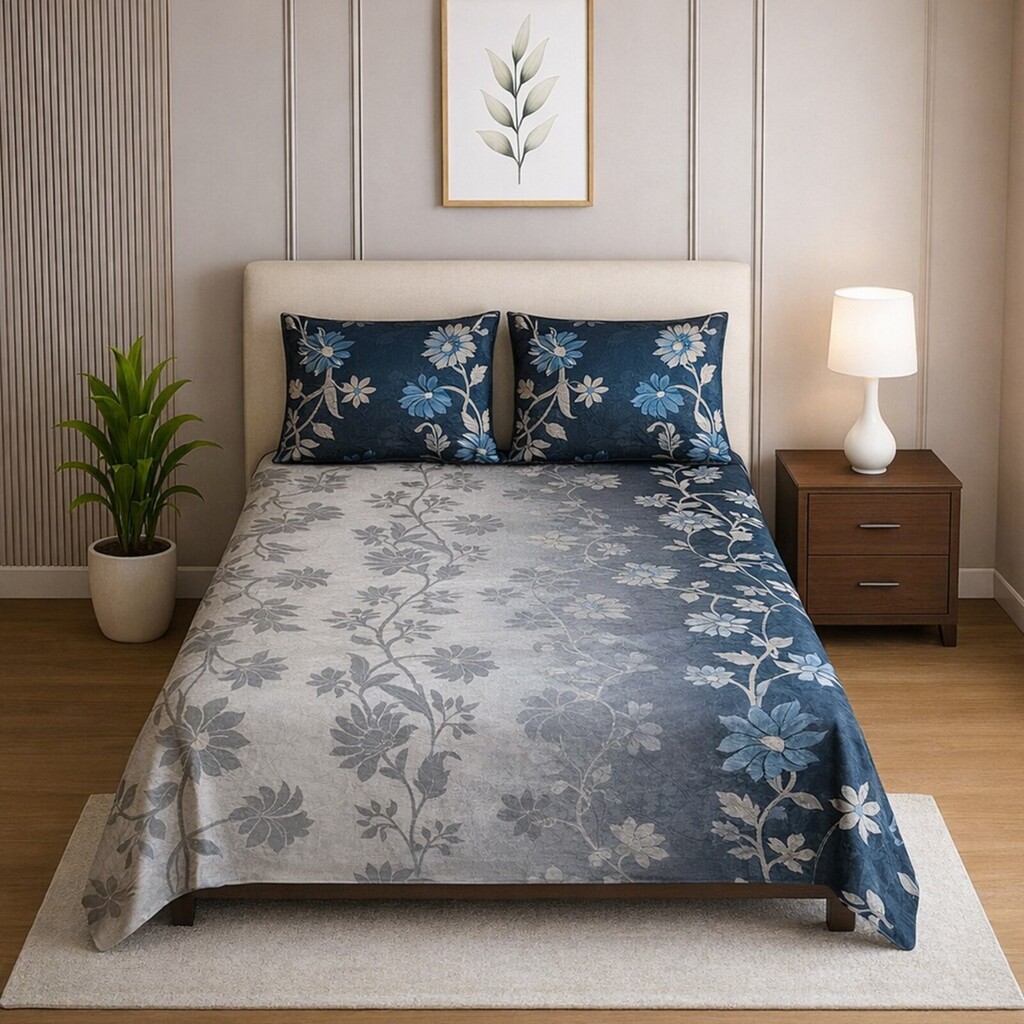 Hera Grey Floral 400 TC Cotton Flat Single Size Bedsheet with 2 Pillow Covers – Threads - Threads