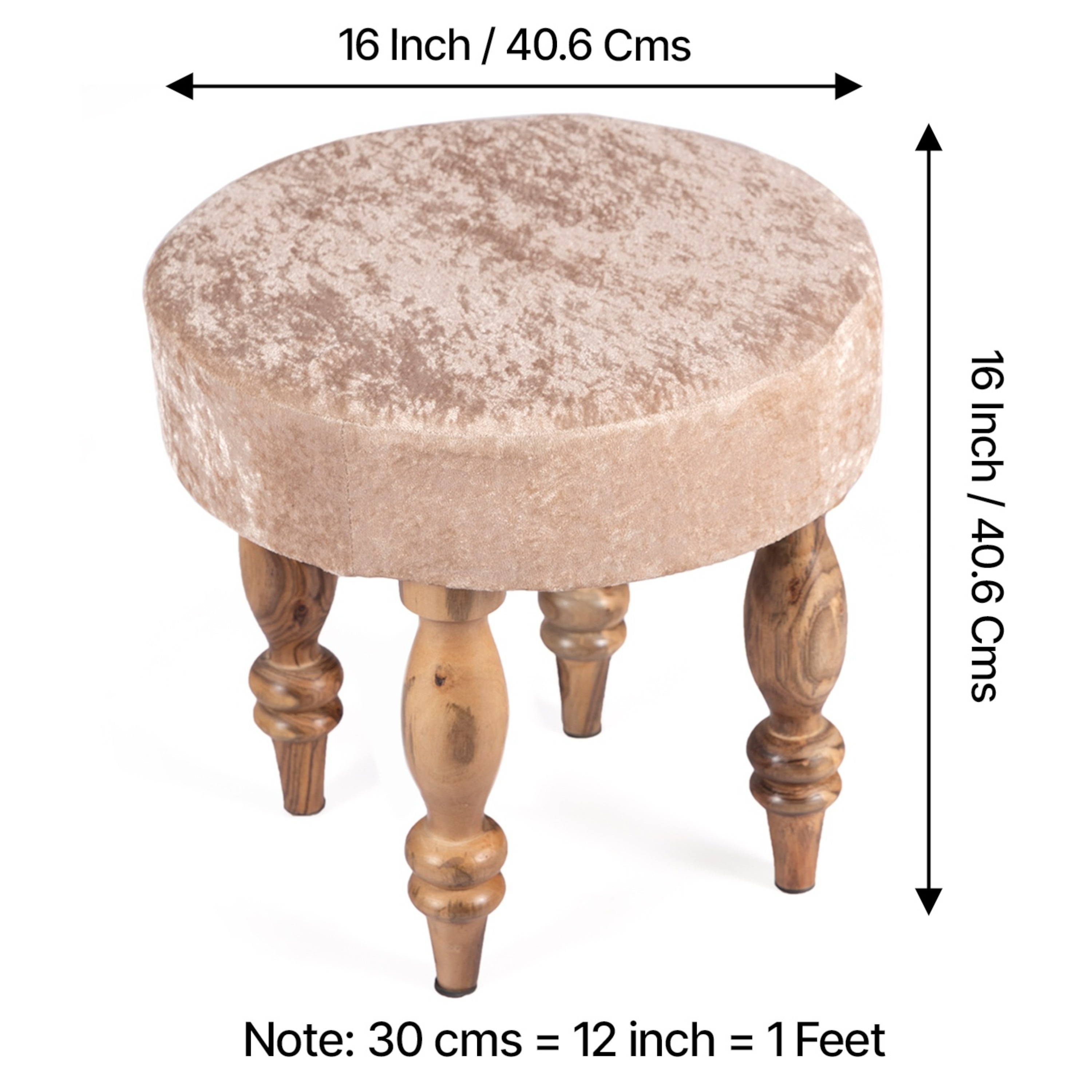 Roswell Sheesham Wood   Round Set of 2 Stools in Beige Sparkle Velvet Upholstery